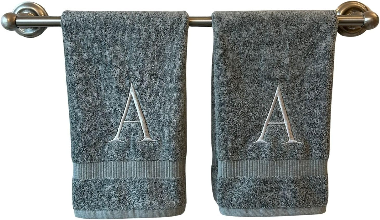 Gray Initial Hand Towel for Bathroom - Monogrammed Luxury Hotel Quality Decorative Embroidered Towel for Powder Room, Spa - GOTS Organic Certified - Set of 2 Silver Letter A