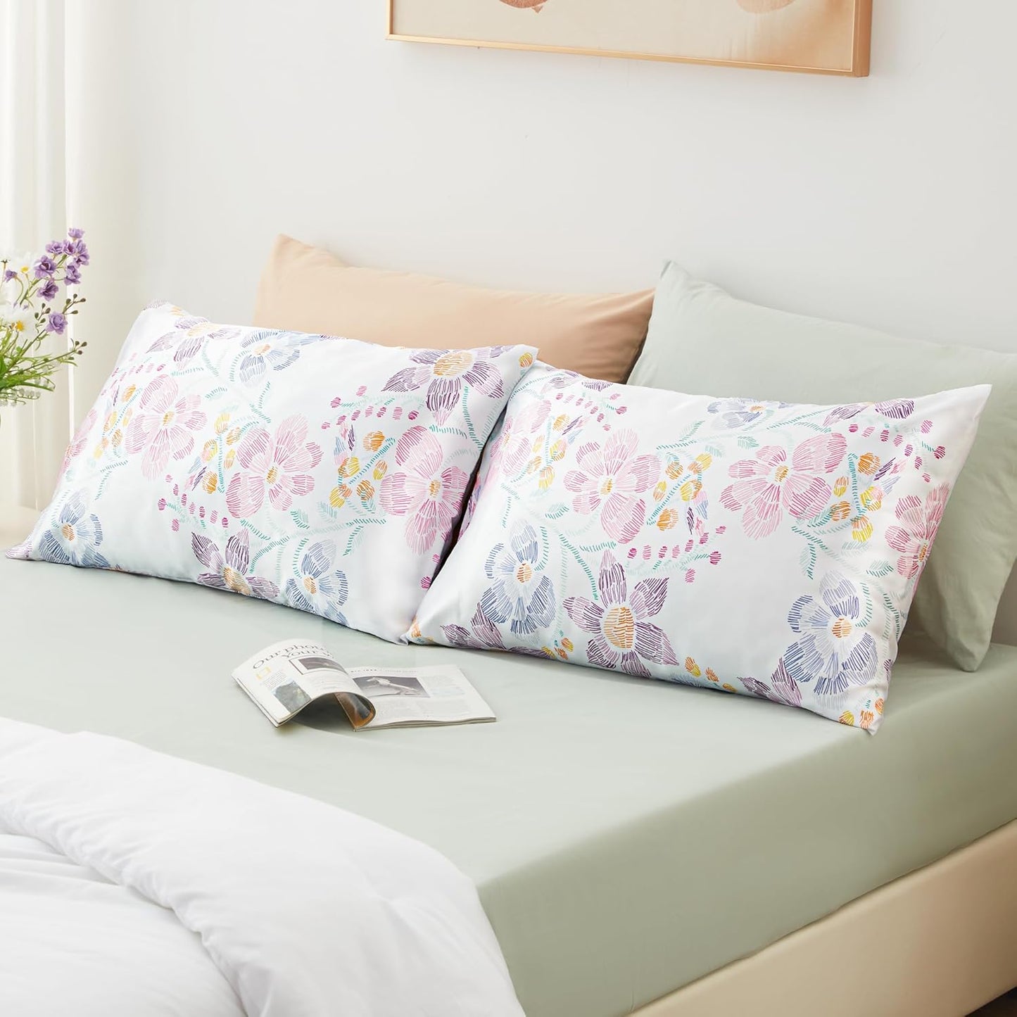 EXQ Home Satin Pillowcase for Hair and Skin - Multicolor Printed Flower Silk Pillowcase 2 Pack 20x26 inches - Standard Size Satin Pillow Cases Set of 2 with Envelope Closure