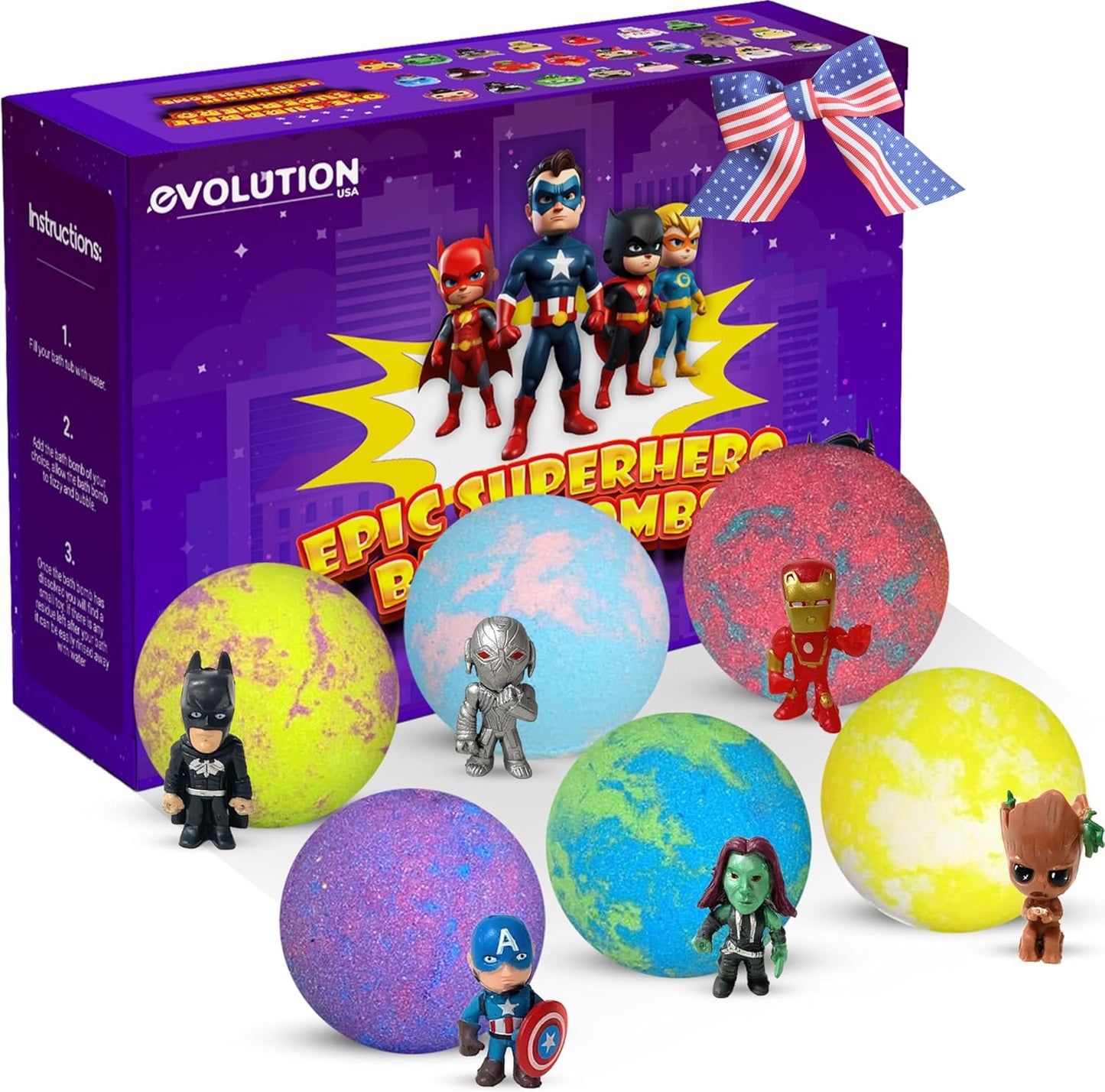 EvolutionUSA Purple Epic Superhero Bath Bombs for Kids, 6 Super Hero Bath Bombs with Toy Inside, Lush Childrens Bathbombs, Organic Bathbomb with Surprise Inside, Fizzy Fun Superhero Bath Balls