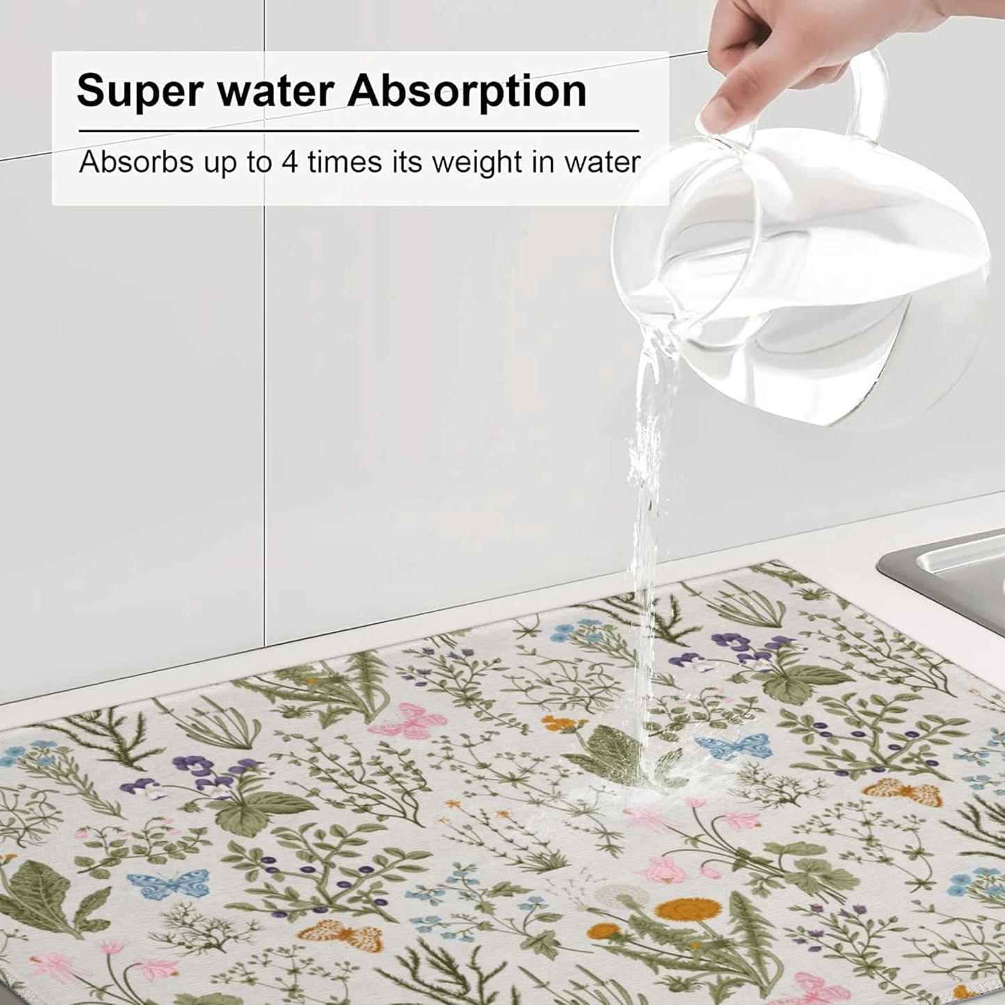 Vintage Floral Spring Summer Dish Drying Mat for Kitchen Counter, Herbs and Wild Flowers Drying Pad 18x24 Inch Absorbent Reversible Cute Botanic Dish Drainer Rack Mats