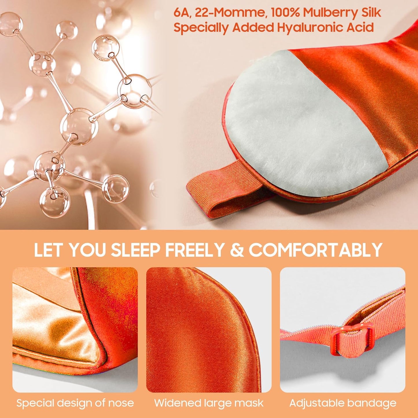 Sleep Mask 100% Mulberry Silk for Light Blocking, ZOESMIEN Eye Mask for Women Men Side Sleeper, Puffiness Dry Eyes Headache, Adjustable Strap, Christmas Gift Package, Vitality Orange