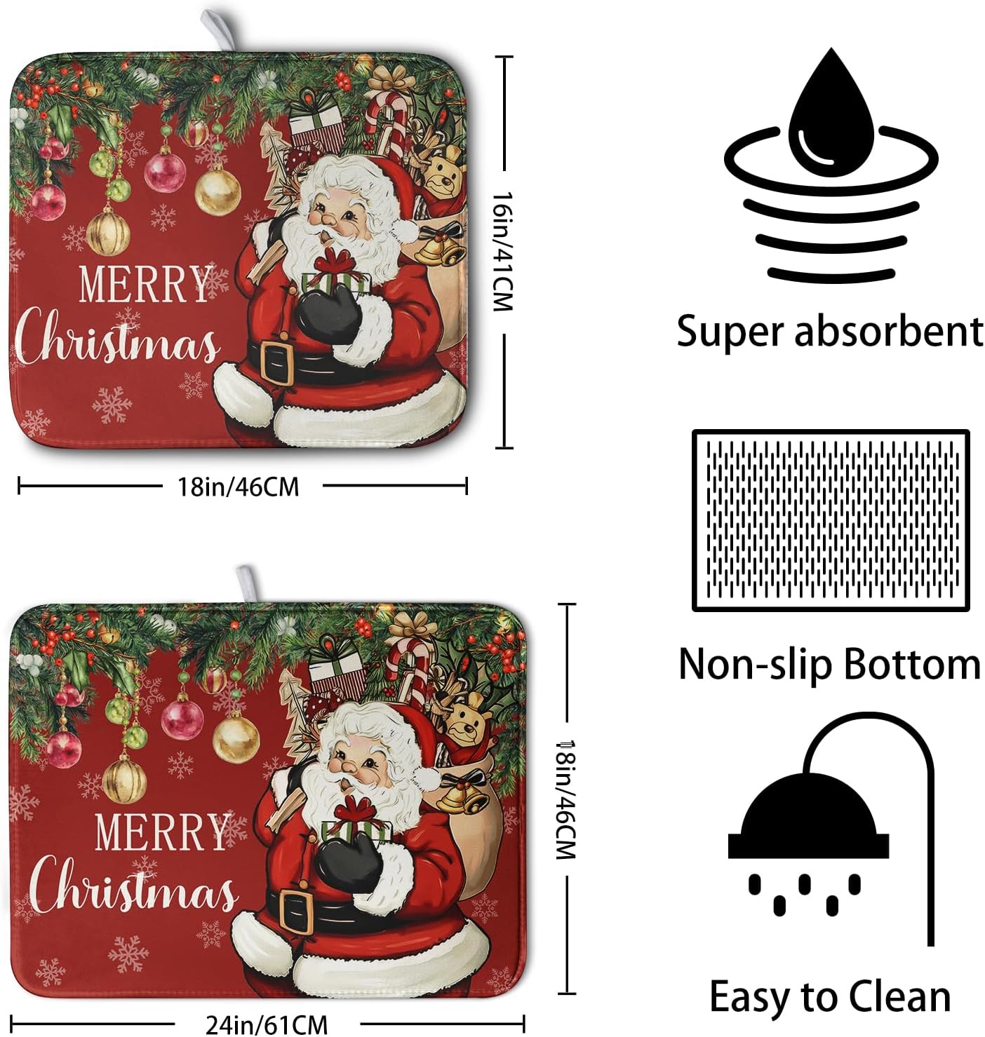 Merry Christmas Dish Drying Mat Santa Claus Kitchen Drainer Mats Microfiber Absorbent Winter Xmas Holiday Dishes Pad Reusable Dish Rack Mat for Countertop Tableware Decor 16x18 Inch