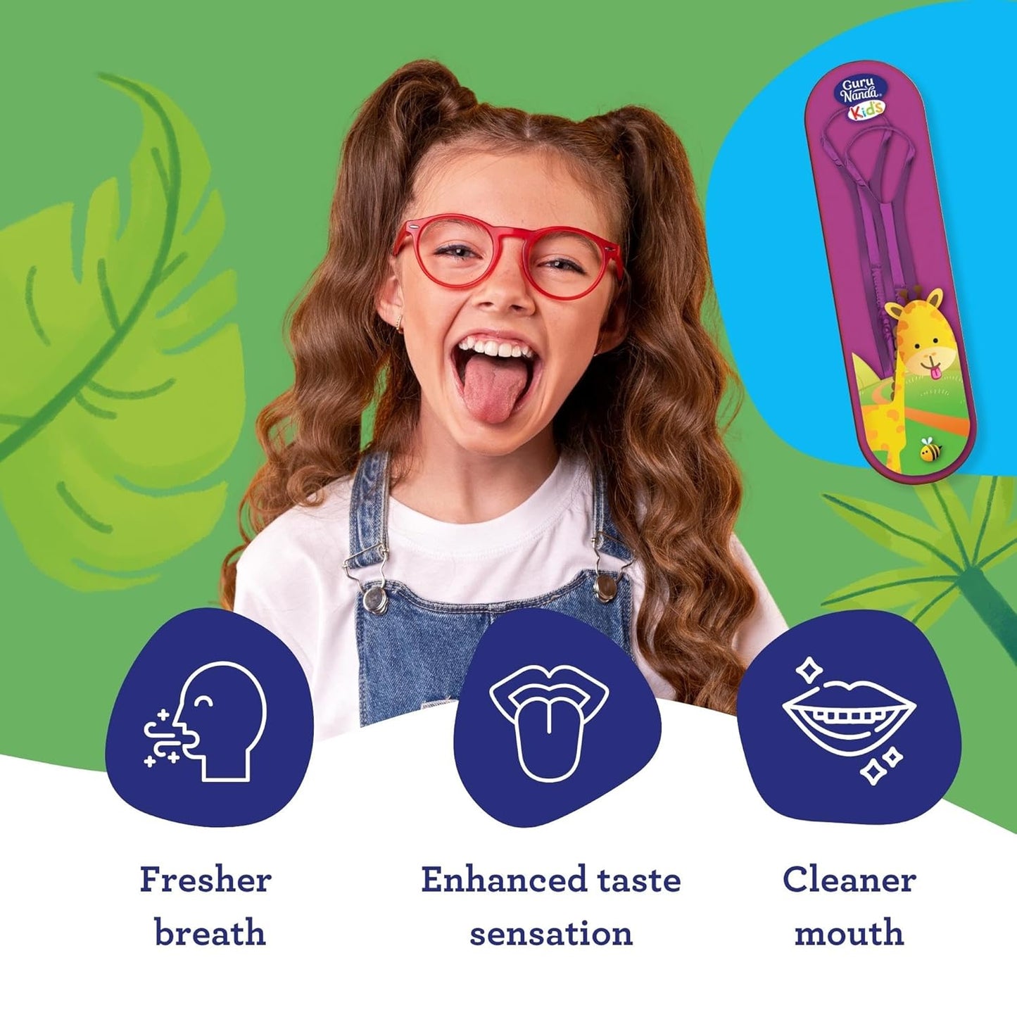 GuruNanda Kids Tongue Scraper (2-Pack) with Travel Case, Stainless Steel, Aids in Fresh Breath - Travel-Friendly Tongue Cleaner (Green/Pink/Orange)