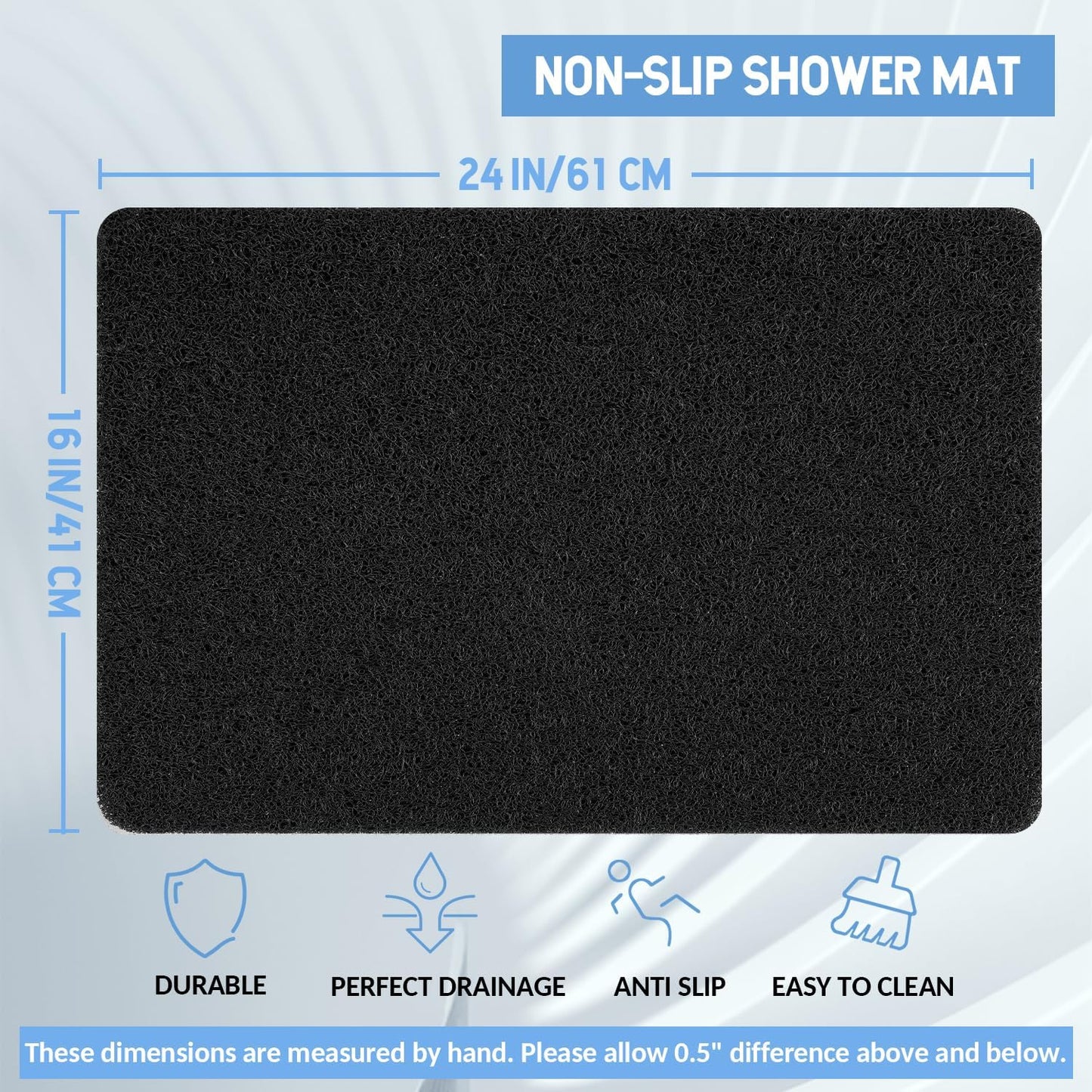 Non-Slip Bathtub Mat, Anti Slip Shower Mat, Fast Drying Bathtub Mats, Foot Scrubber Mat, Anti Slip Mat for Tub, Floor, Bathroom, Kitchen, Home, Hotel (Black 24"×16")
