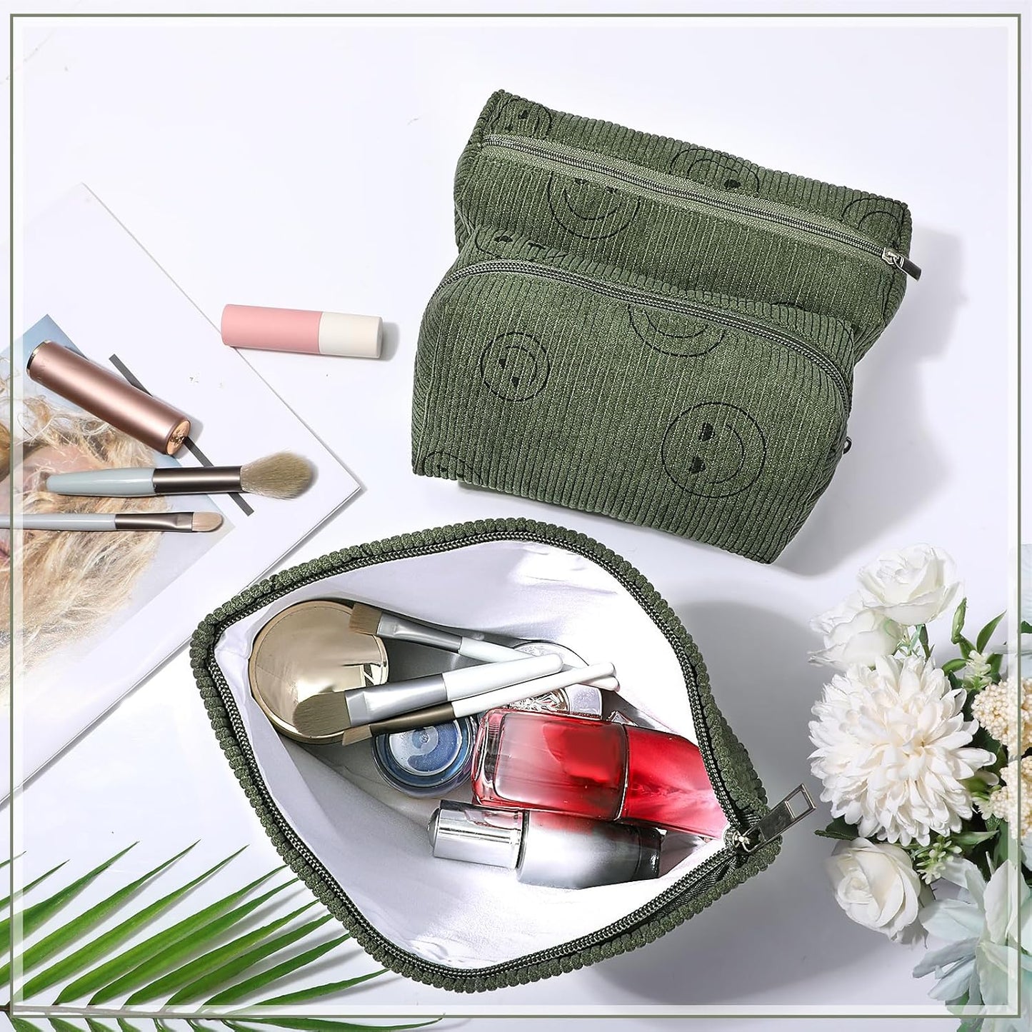 3 Pcs Makeup Bag Set for Women Corduroy Cosmetic Pouch Aesthetic Smile Travel Toiletry Bag Cute Purse Pouch Pencil Case Makeup Brushes Storage Organizer for Christmas(Army Green,Smile Face)