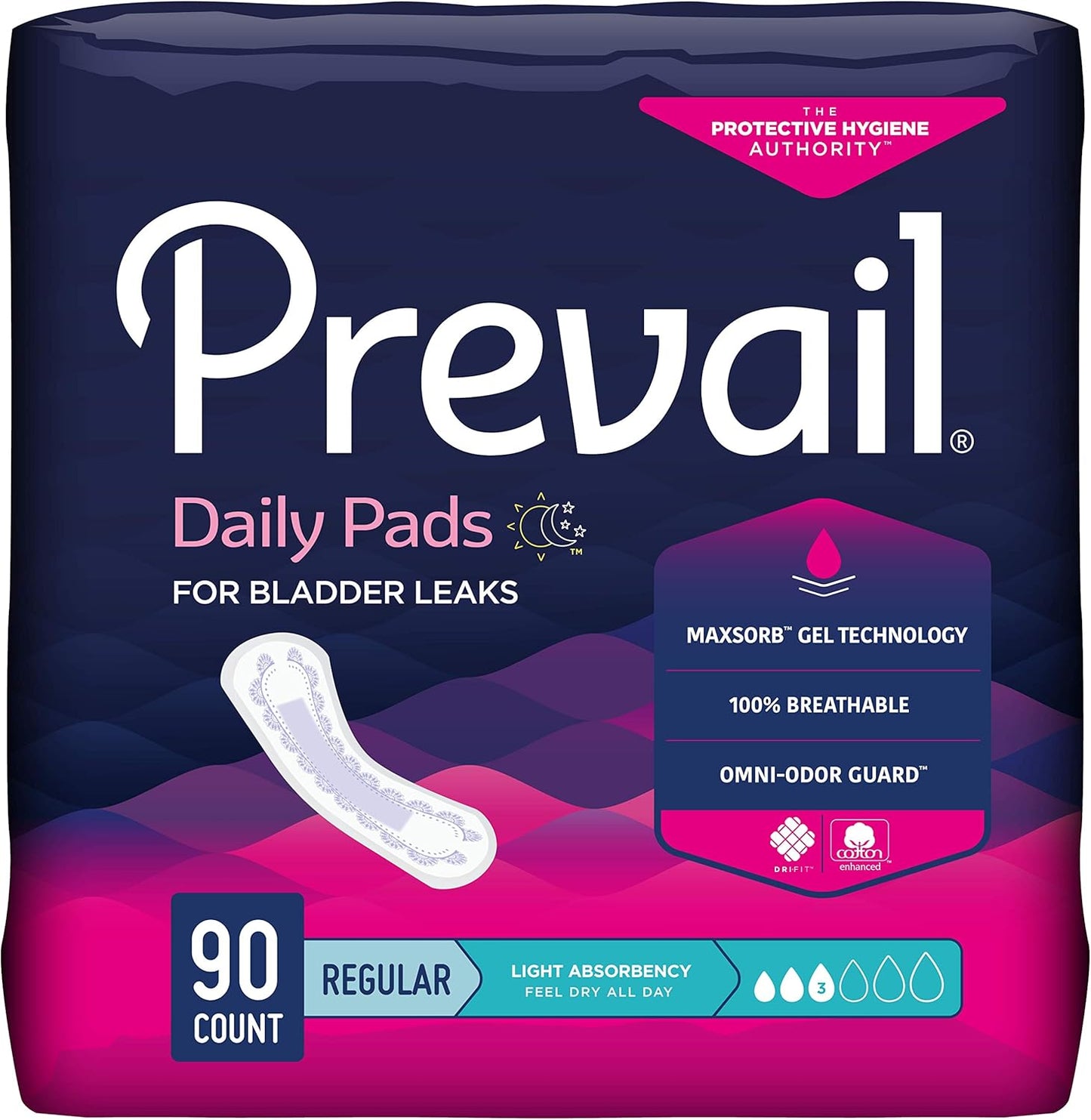 Prevail Proven - Prevail Incontinence Bladder Control Pads - Bladder Leak Pads - Light Absorbency, Regular, 90 Count (3 Packs of 30)