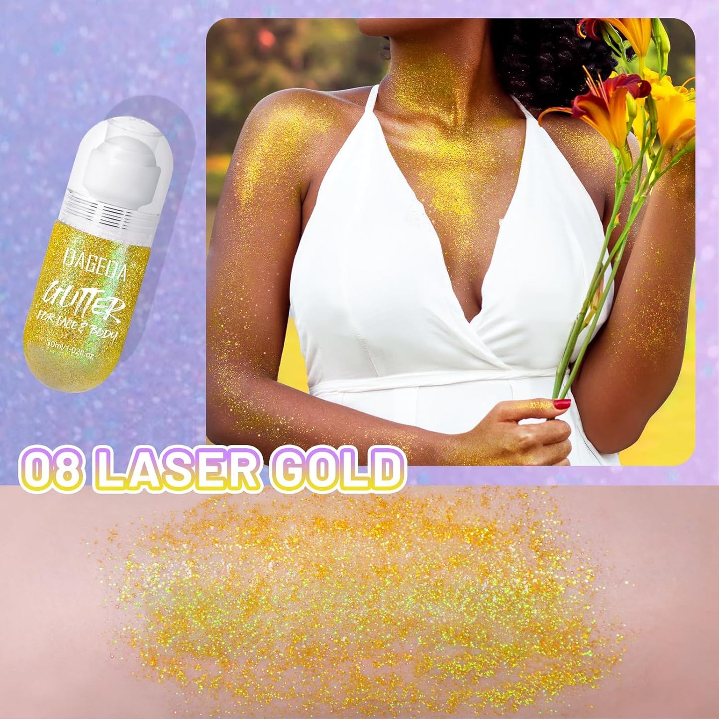 DAGEDA Body Glitter Gel, Roll-on Face Glitter for Mermaid Makeup Festival Rave Accessories, Holographic Hair Glitter Gel,Body Shimmer Halloween Makeup for Rave Party(Laser Gold)
