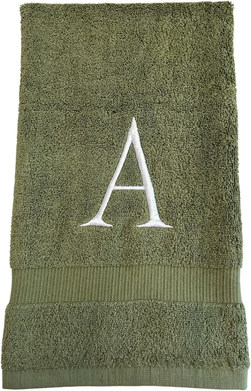 Sage Initial Hand Towel for Bathroom - Monogrammed Luxury Hotel Quality Decorative Embroidered Towel for Powder Room, Spa - GOTS Organic Certified - Set of 2 Letter M
