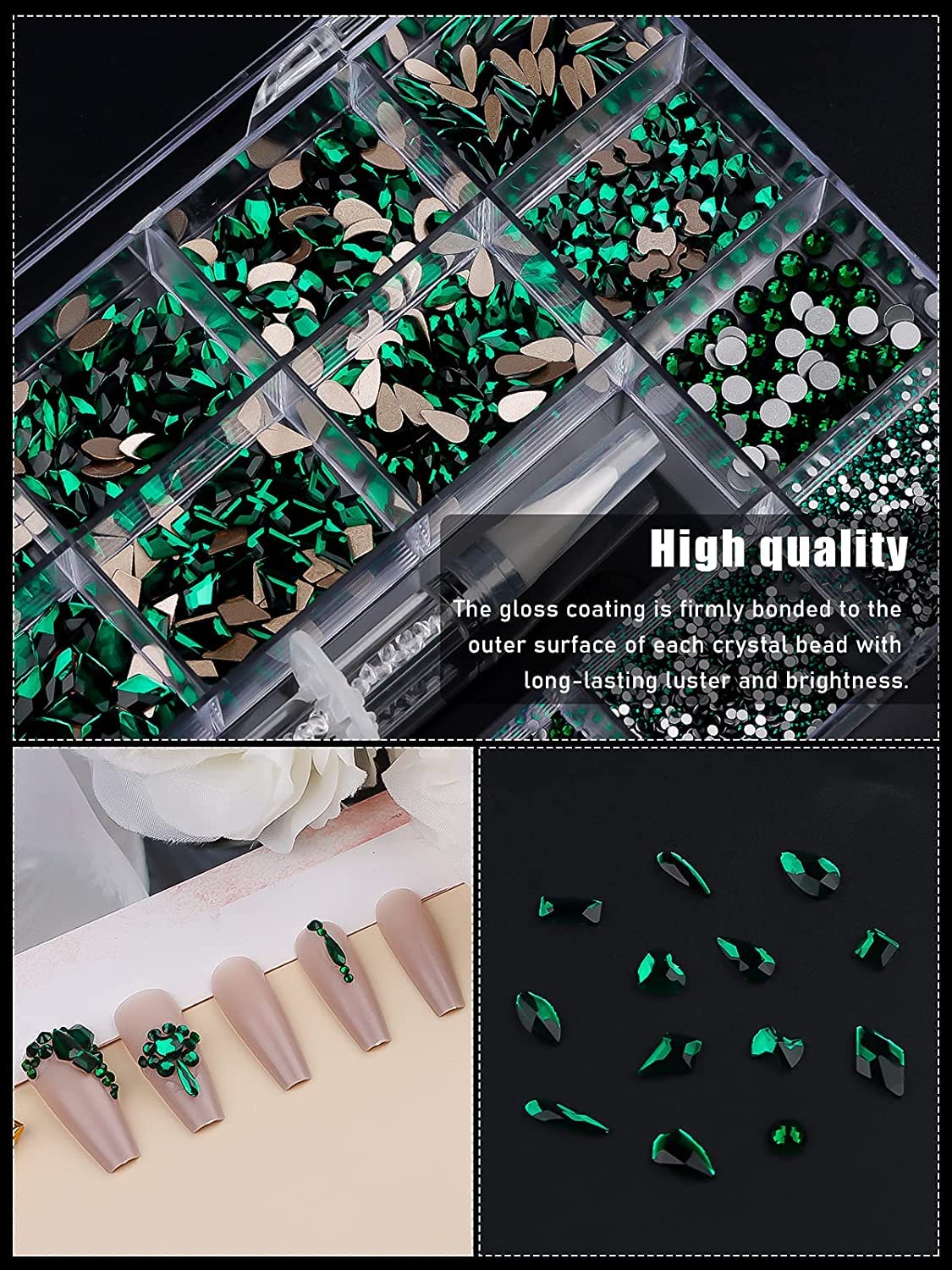 3100Pcs Green Rhinestones for Nail, EBANKU 12 Types of 600 Nail Diamonds +2500 Flat Rhinestones Kit Mixed Shape AB Nail Gems Jewels with Rhinestone Picker Dotting Pen Tweezers