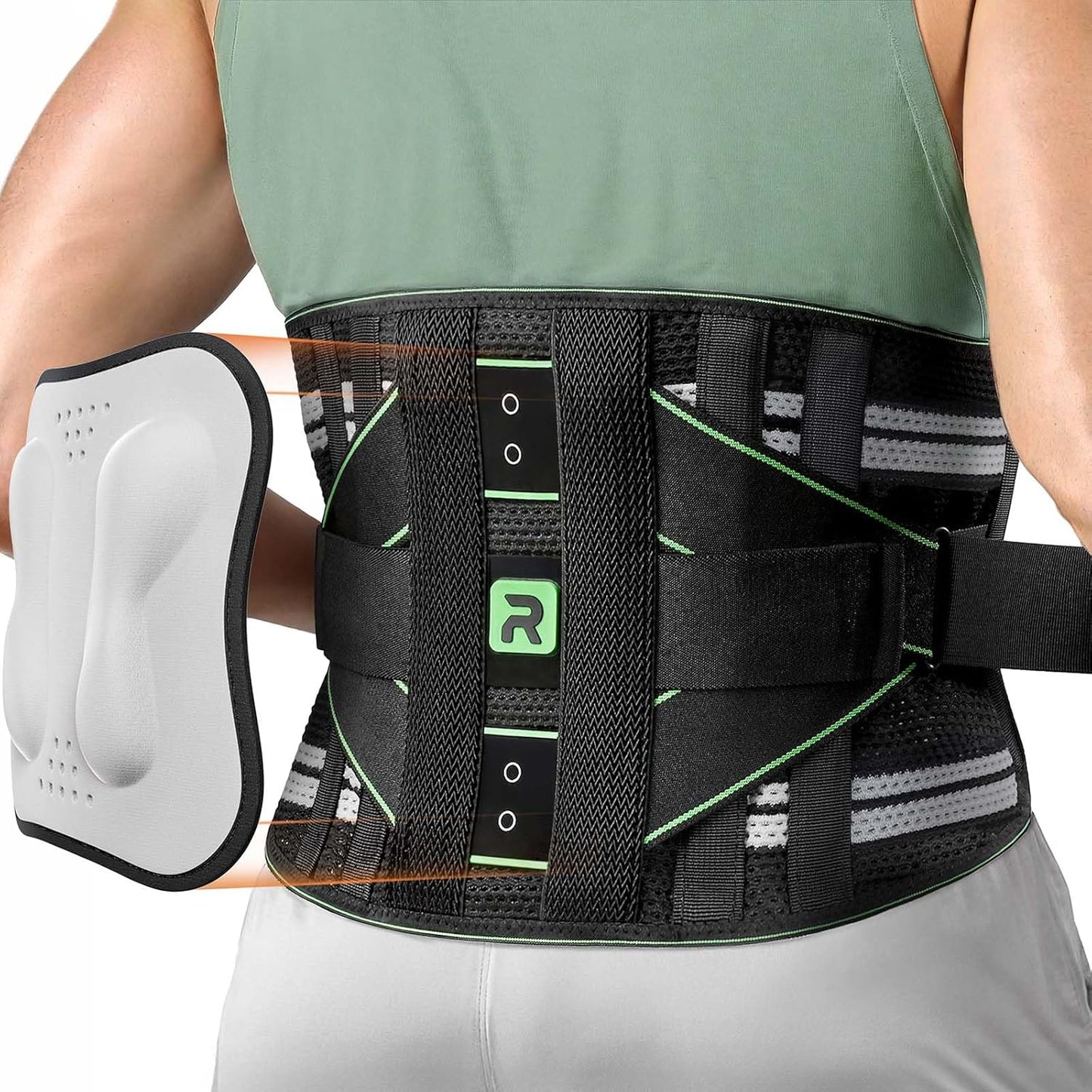 Back Brace for Men Women Lower Back with 8 Stays Surround Support, Adjustable Knitted Lumbar Support Belt for Pain Relief, Breathable Soft Mesh Design with Lumbar Pad, Ergonomic Back Support Brace for Scoliosis, Green Size S