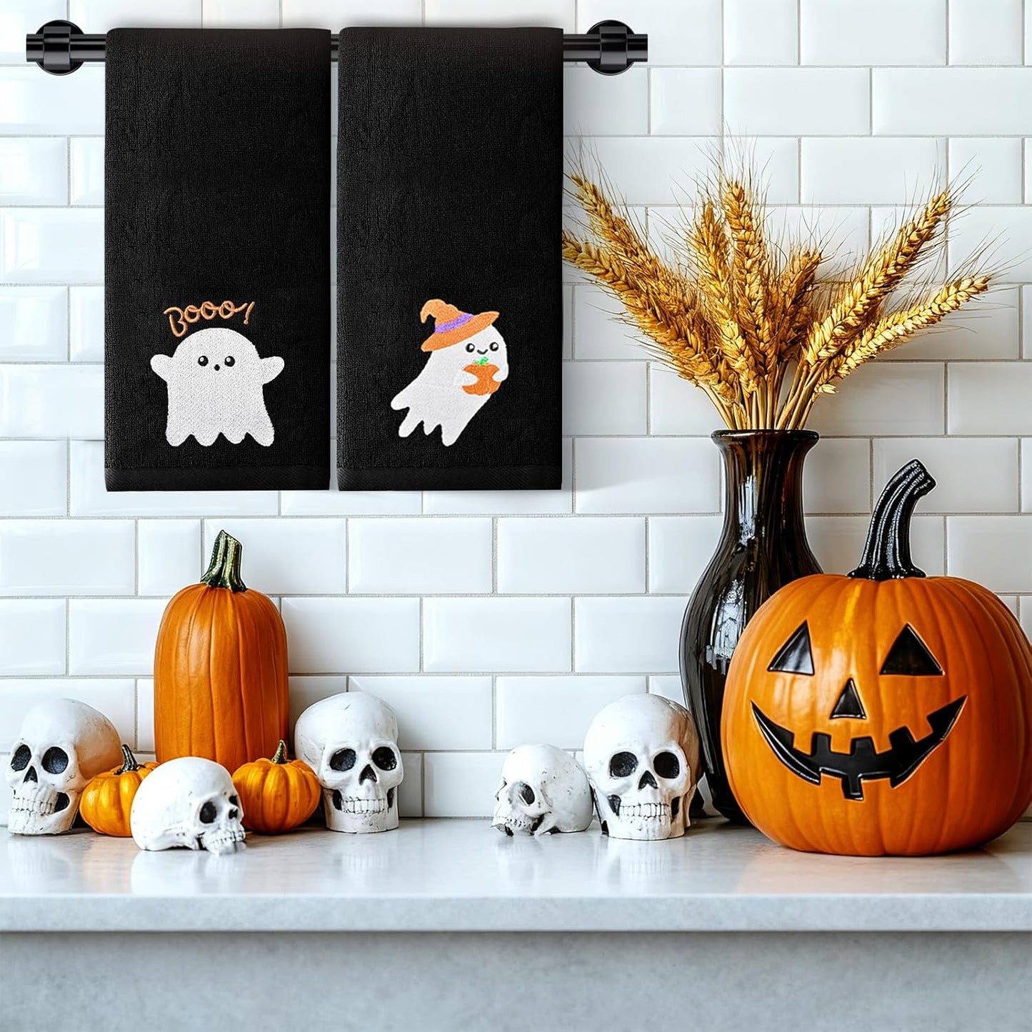 Halloween Cotton Hand Towels 2 Pack, Black Ghost Embroidered Autumn Towels Set, Decorative Bathroom Kitchen Holiday Accessories, 13.7 in × 29.5 in