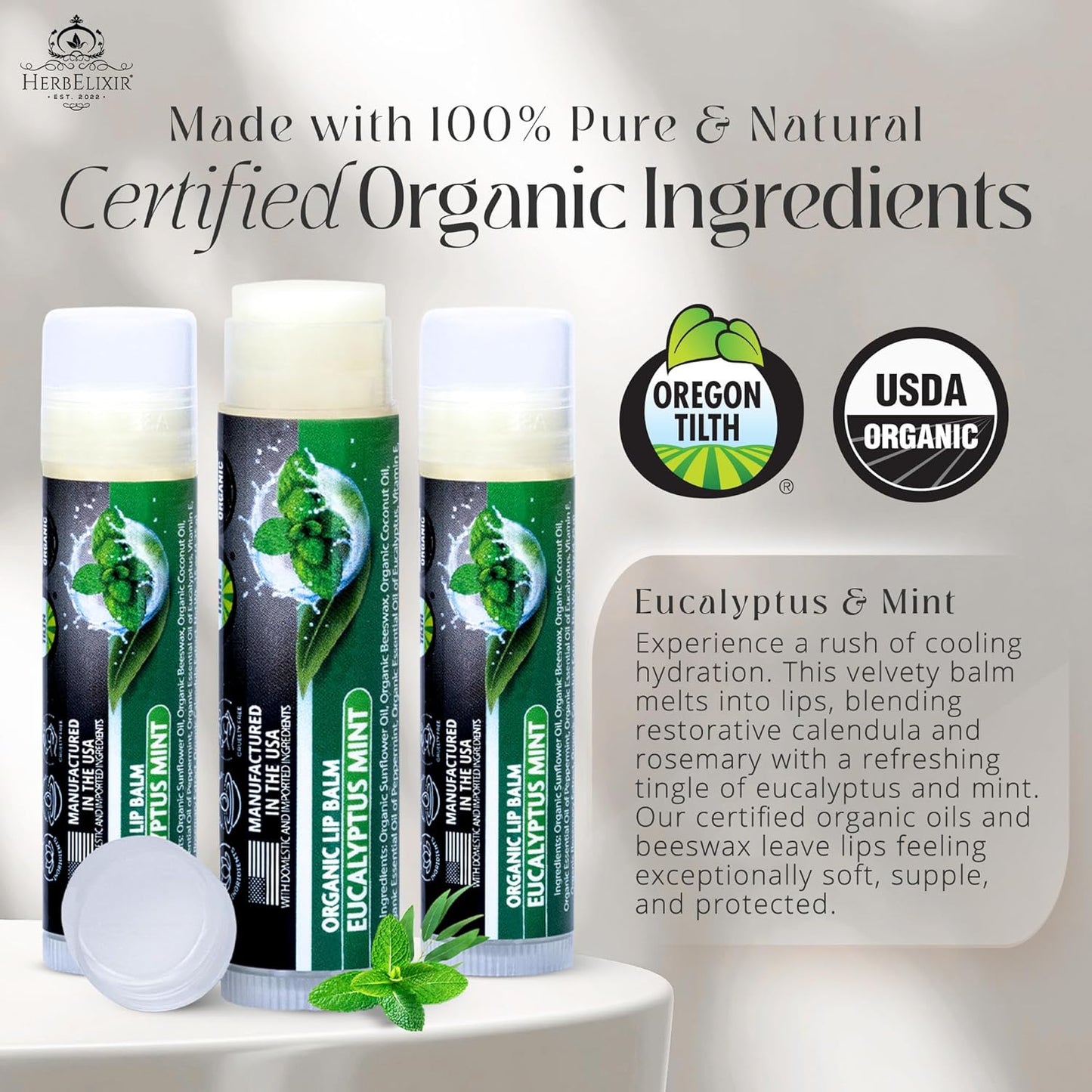 Organic Eucalyptus Mint Lip Balm 3 Pack | Hydrating Chapstick for Dry Lips | Natural Lip Care for Men and Women