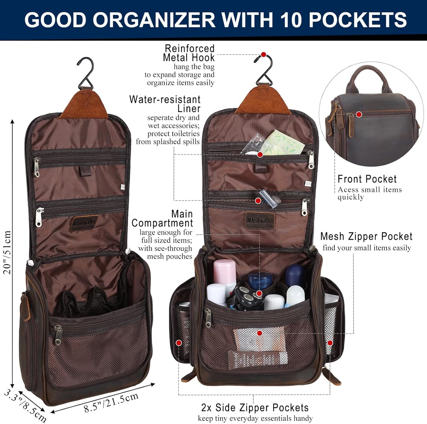 Masa Kawa Leather Hanging Travel Toiletry Bag for Men Portable Expandable Camping Cosmetics Makeup Toiletries Organizer Vintage Bathroom Shaving Kit Brown Wash Bags