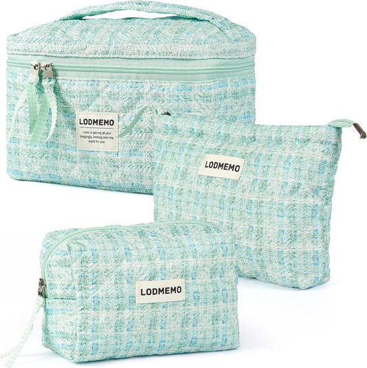 Makeup Bag 3 PCS Quilted Cosmetic Bags for Women, Large Travel Make up Bag Set Cute Cotton Toiletry Bag Organizer Pouch for Purse, Green