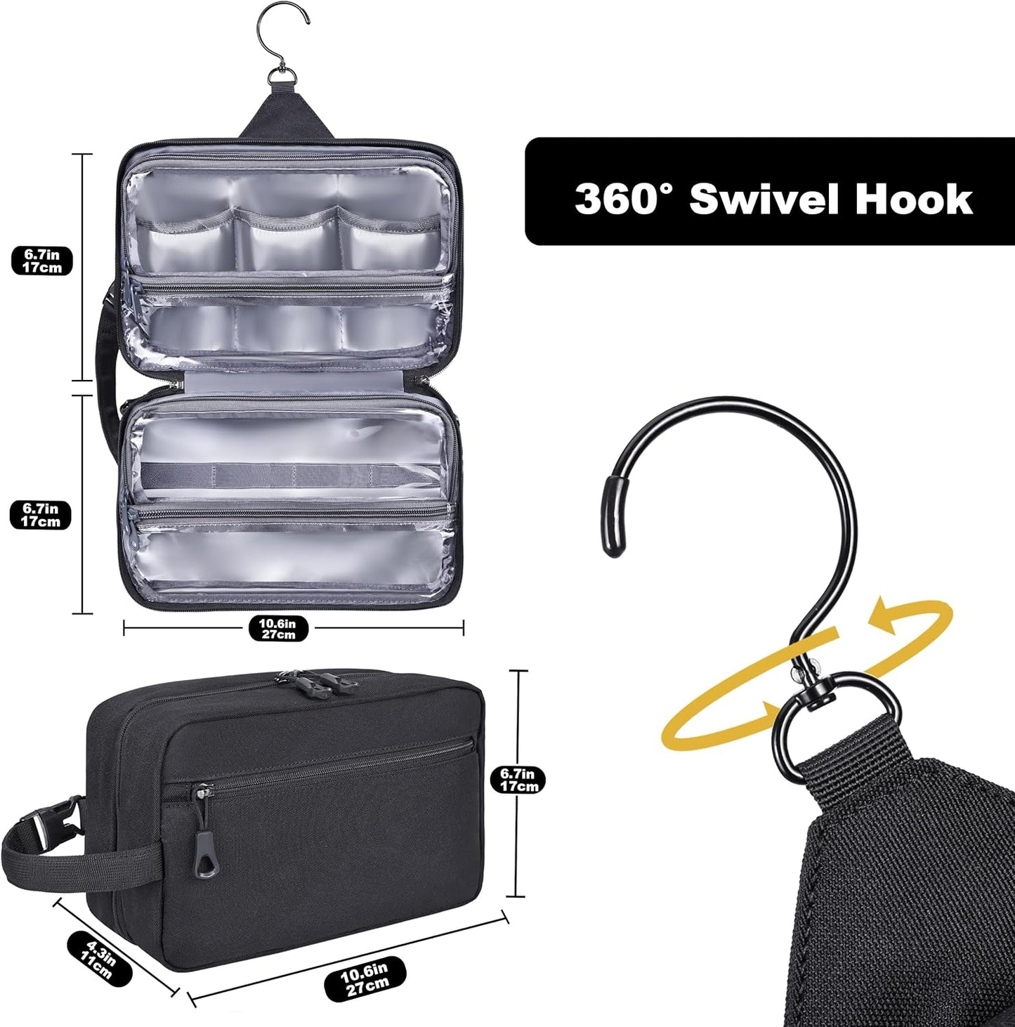 Toiletry Bag for Men, YKK Zippers Hanging Bathroom Shower Hygiene Bag with Metal XXL Swivel Hook, Big Comparment, Waterproof for Travel Accessories