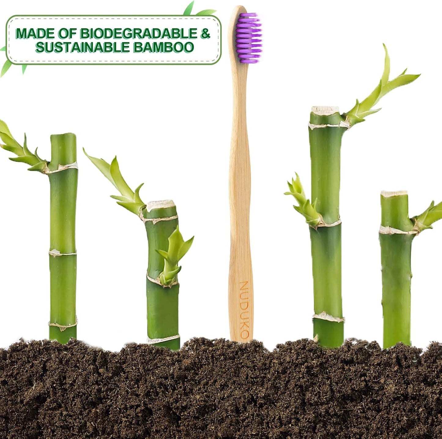 Biodegradable Bamboo Toothbrushes, 10 Piece BPA Free Soft Bristles Toothbrushes, Natural, Eco-Friendly, Green and Compostable (Multicolored Bristles)