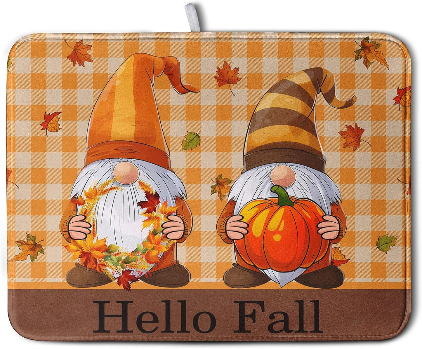 Hello Fall Autumn Gnomes Dish Drying Mat 16x18 Thanksgiving Pumpkin Maple Leaves Harvest Kitchen Drying Mat Orange White Buffalo Plaid Dish Drainer Mat Ultra Absorbent Dish Rack Pad for Coffee Bar
