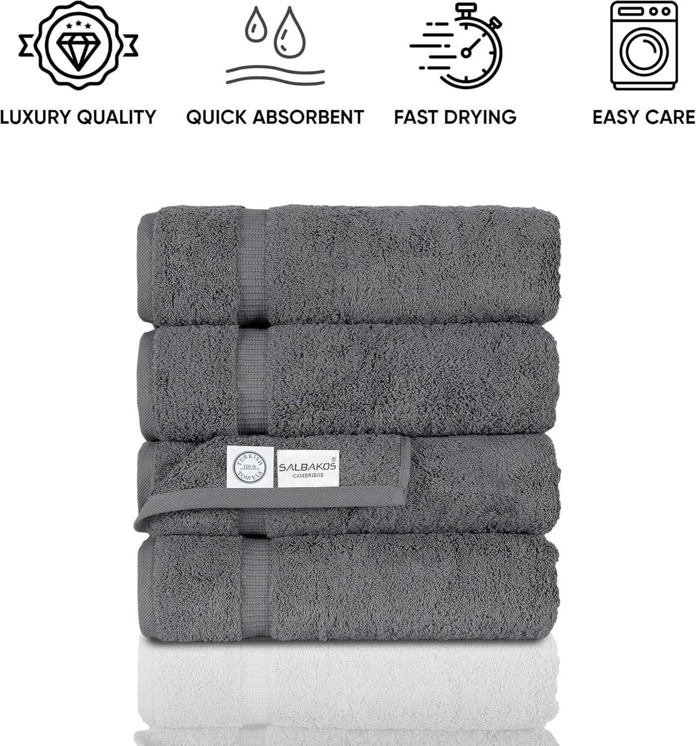 SALBAKOS 100% Turkish Cotton Bath Towel Set of 4 27x54 inch | Heirloom Quality | Hotel & Spa Collection | Ultra Soft, Super Absorbent, Long Lasting Bath Towels | Made in Turkey (Gray, 4 Bath Towels)