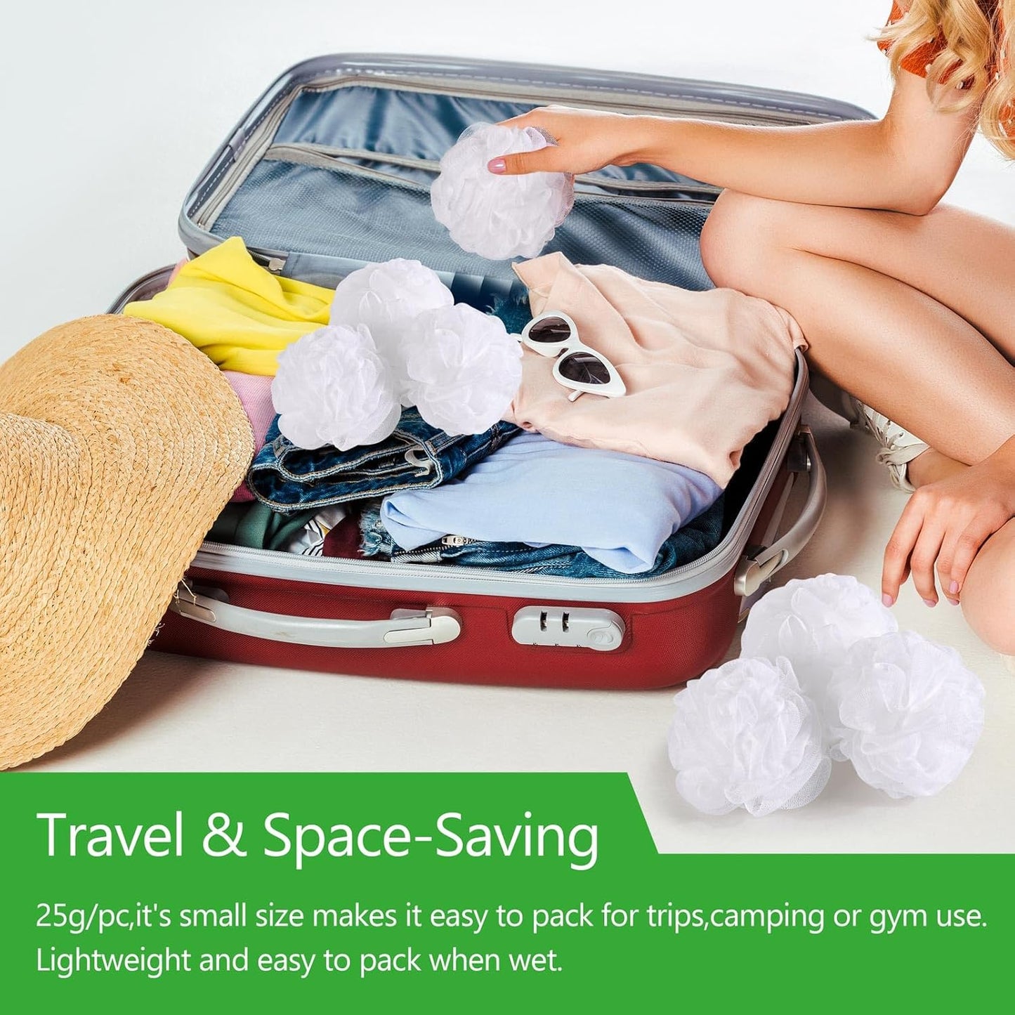 8Pcs Small Loofah Travel Size Bath Sponge 35g/pc Shower Puff Mesh Pouf Exfoliating Bath Scrunchies - White