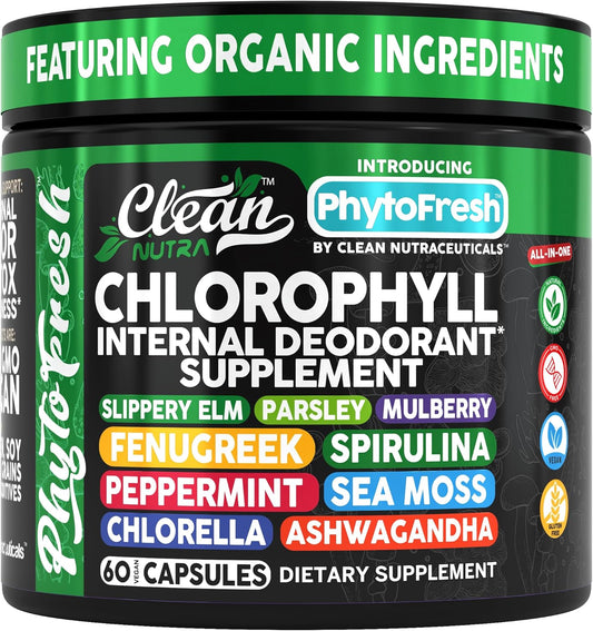 Clean Nutra Chlorophyll Capsules Supplement Internal Deodorant Peppermint, Sea Moss, Parsley, Chlorella, Spirulina, Slippery Elm, Ashwagandha, PhytoFresh Greens Detox Pills