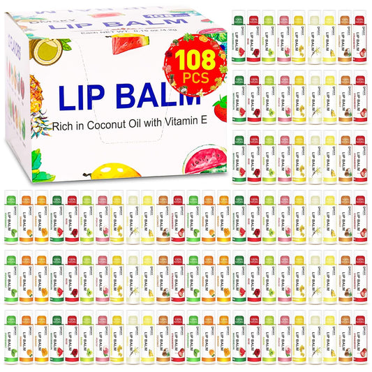 DMSKY 108 Pack Lip Balm, Natural Lip Balms Bulk with Vitamin E and Coconut Oil, Moisturizing Lip Balms for Chapped Lips, Bulk Lip Balm for Women-12 Flavors