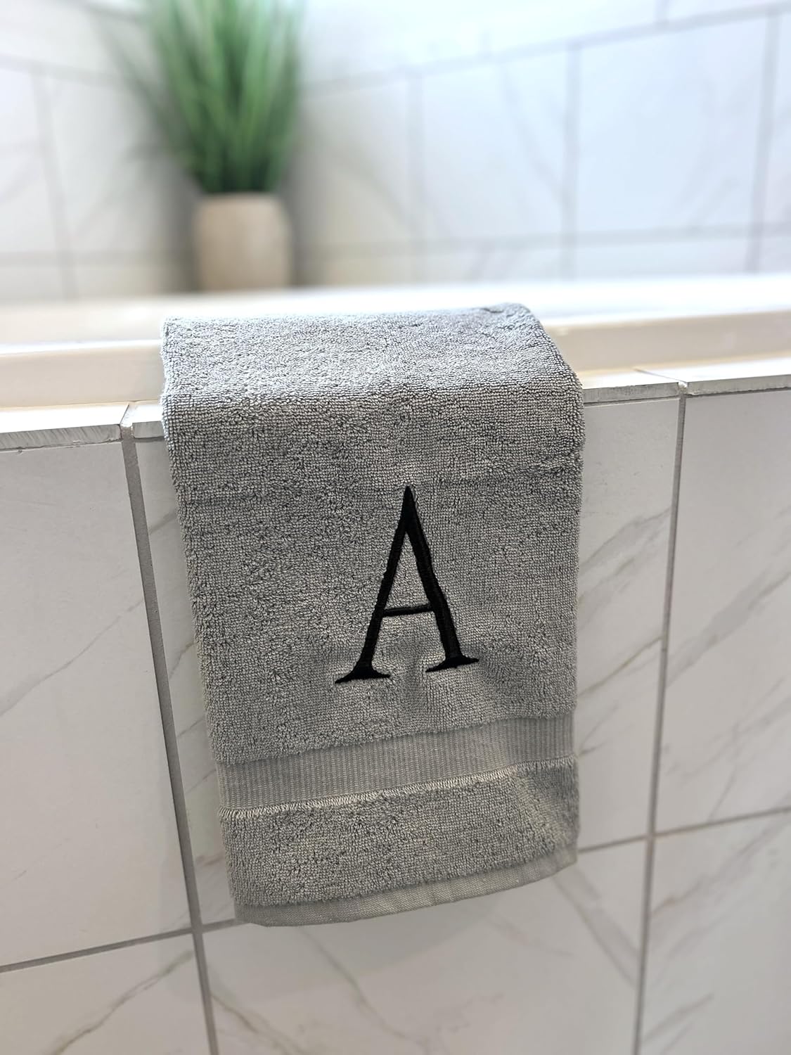 Gray Initial Hand Towel for Bathroom - Monogrammed Luxury Hotel Quality Decorative Embroidered Towel for Powder Room, Spa - GOTS Organic Certified - Set of 2 Black Letter S