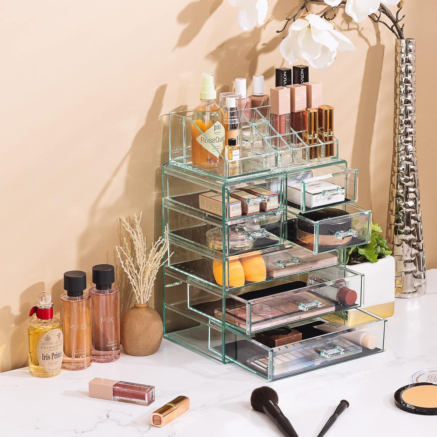 Sorbus Clear Cosmetic Makeup Organizer - Make Up & Jewelry Storage, Case & Display - Spacious Design - Great Holder for Dresser, Bathroom, Vanity & Countertop (3 Large, 4 Small Drawers) [Teal Thrill]