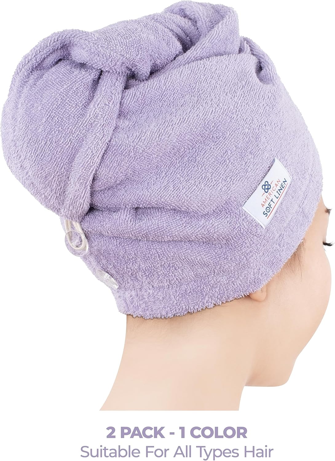 American Soft Linen 100% Cotton Hair Towels for Women, Head Towel Cap, Cotton Hair Turban Towel Wrap for Long Curly Anti Frizz Hair, Soft and Absorbent Cotton Hair Towels 2 Pack, Lilac