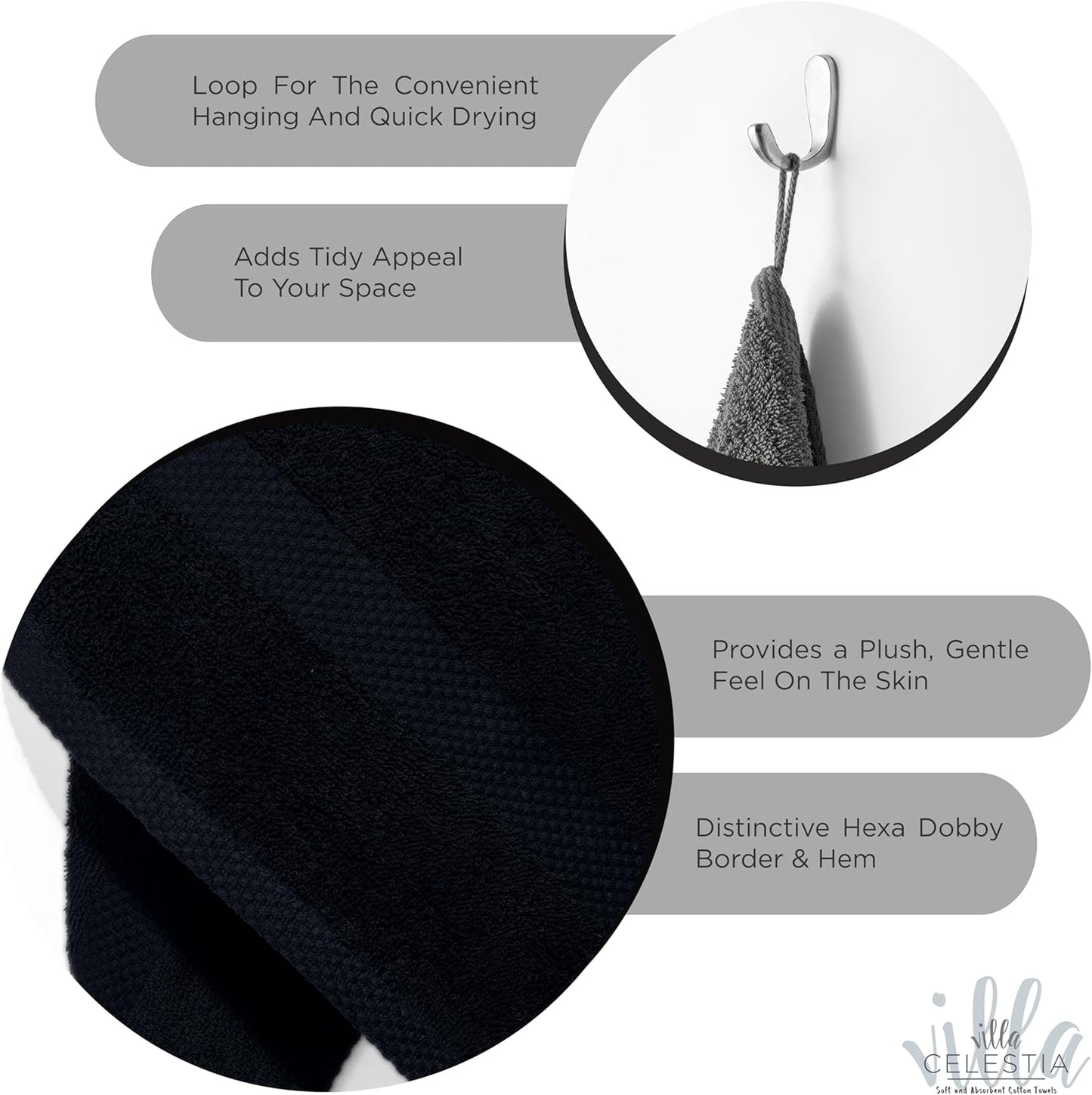 100% Cotton Hand Towel Set of 4, (16 x 28 inches) Sustainable, Soft, Highly Absorbent, Quick Drying, Combed Cotton Hand Towels Pack of 4 Ideal for Hotels, Spa, Bathroom, Dorm, Black