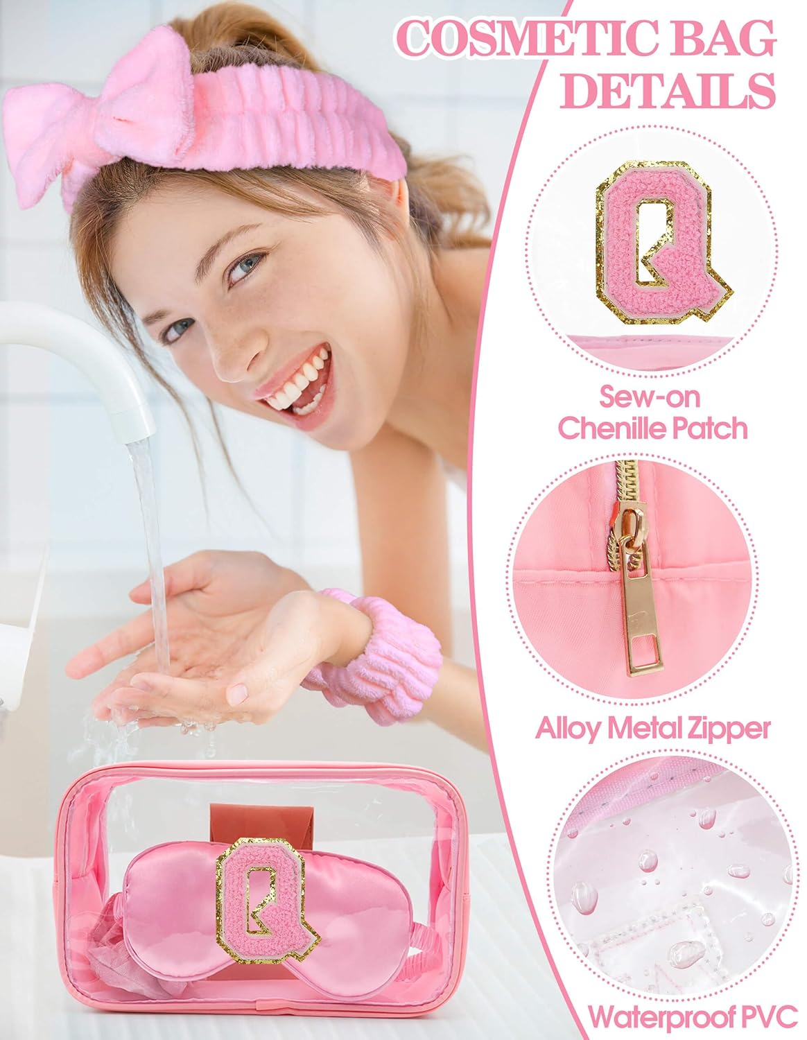 Gift Sets for Women, Initial Makeup Bag with Makeup Brush Set Bachelorette Party Favors, Pink Spa Kit with Skincare Headbands Wrist Bands Sleepover Party Supplies Gifts for Teen Girls Bridesmaid Q