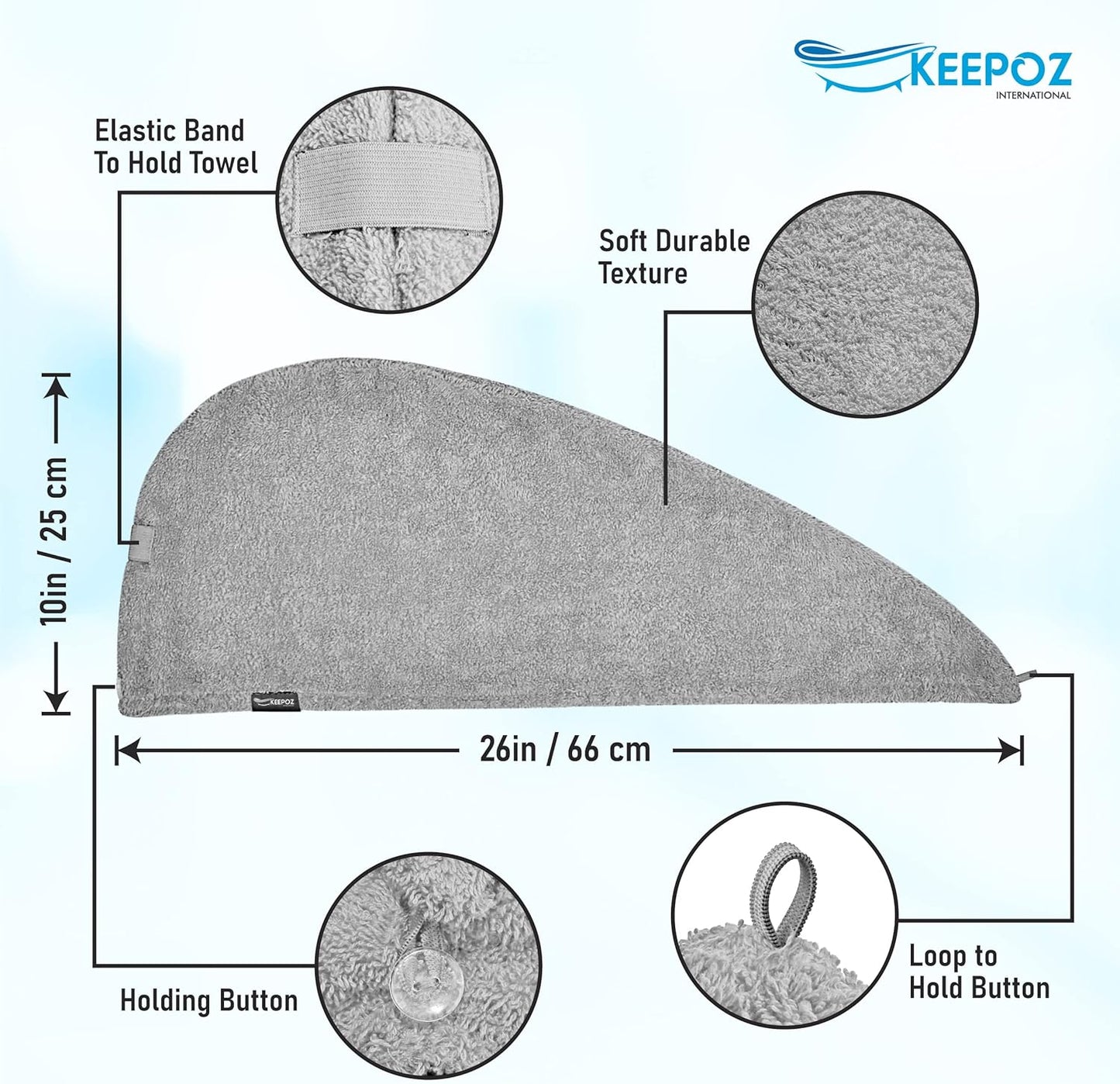 KEEPOZ Hair Towel Wrap Quick Dry 100% Cotton Super Absorbent Turban Head Wrap for Women with Button, Non Microfiber Anti Frizz Hair Products, Hair Cap for Curly, Long Hair (Grey, 1 Pc)