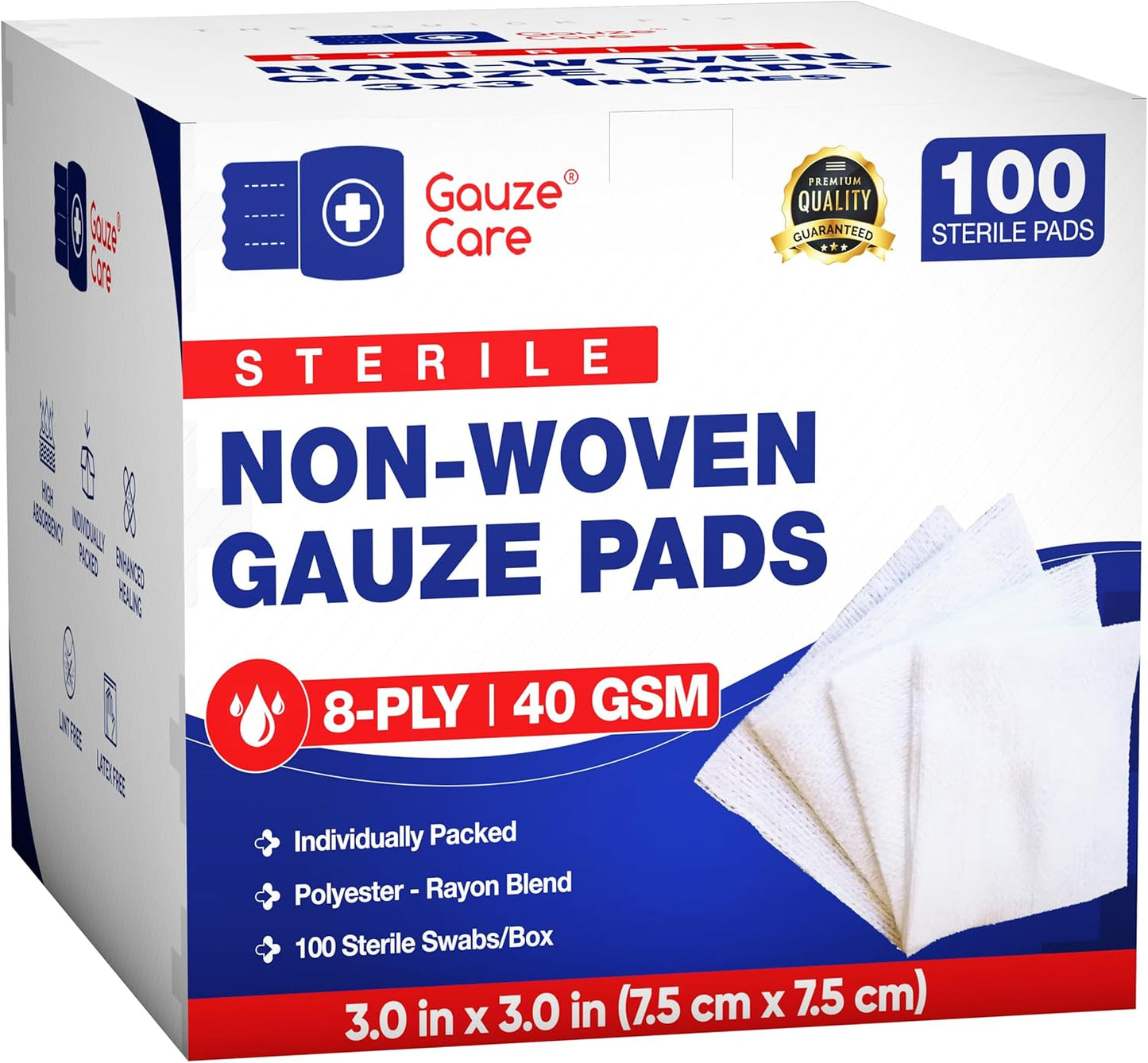 Non-Woven Sterile Gauze Pads 3x3 Pack of 100| 8-ply Gauze Sponges| Individually Packed 3x3 Gauze Pads sterile| Soft and lint-Free Medical Gauze Pads for Enhanced Absorption and First-Aid Wound Care