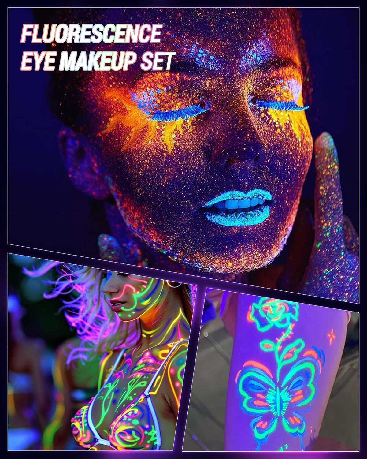 UV Neon Blue Mascara & Eyeliner Set, Waterproof Volumizing Colored Mascara Volume and Length for Lashes Lengthening, Long Lasting Glitter Liquid Eyeliner Pencil, Halloween Glow in the Dark Makeup-02