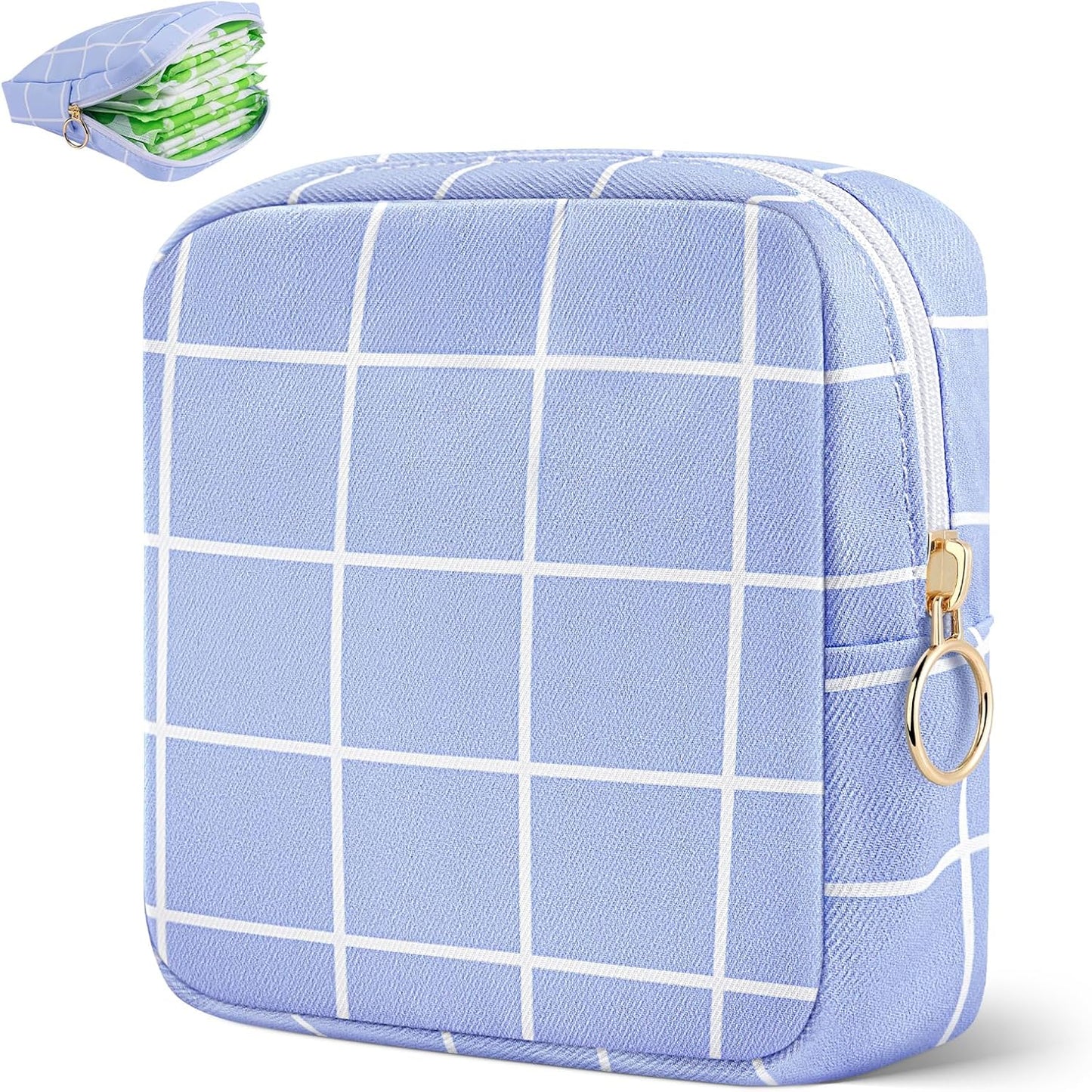 Desing Wish Period Bag Pouch Soft Cloth Sanitary Napkin Storage Bag Portable Menstrual Pad Pouches Tampon Holder for Purse First Period Kit for Girls 9-12 (Sky Blue Plaid)