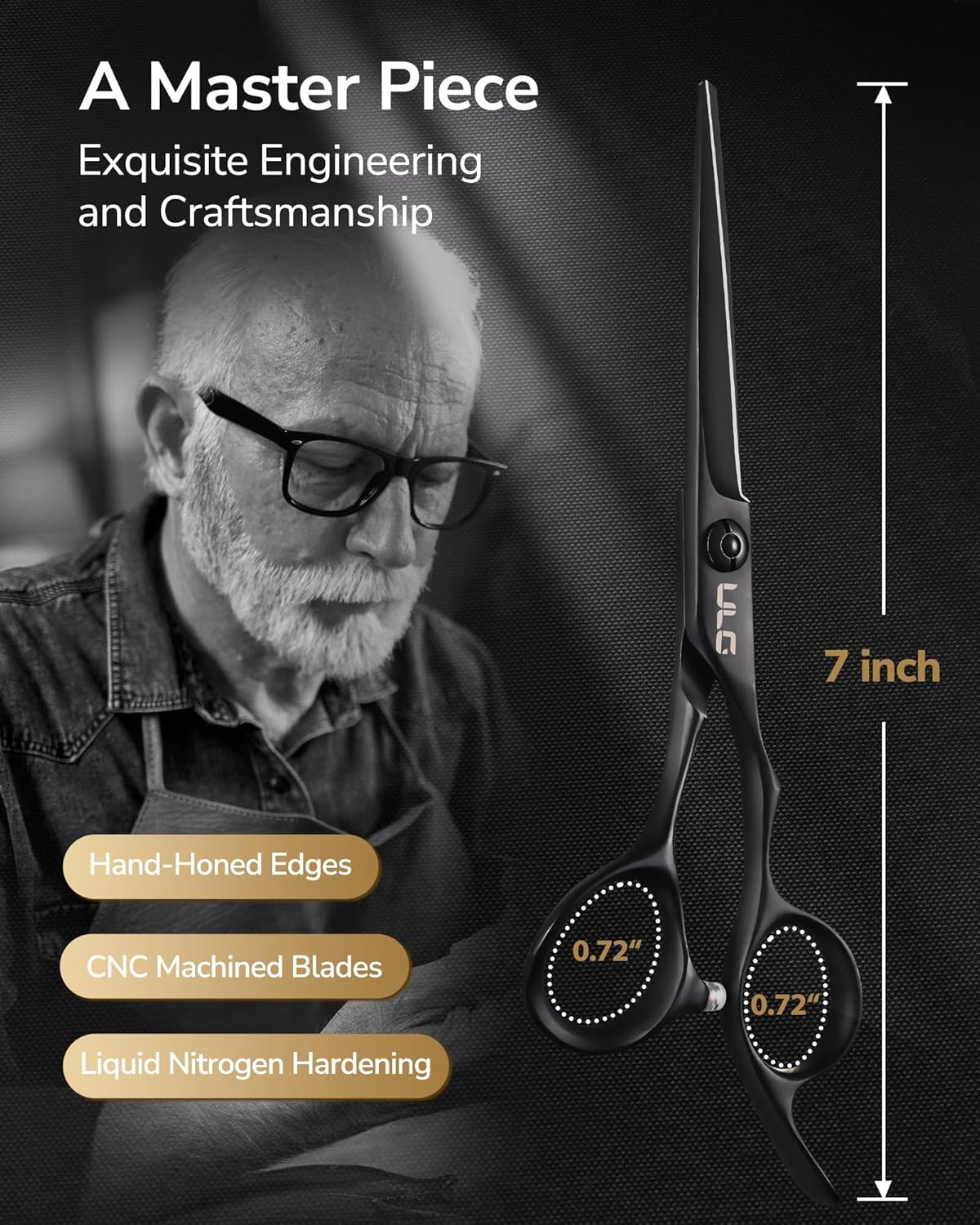 ULG Hair Cutting Scissors, Ultra Sharp Stainless Steel Blades, Matte Black Teflon Coated, Comfortable Offset Handle, Easy-to-Use Shears for Trimming, Shaping, At Home Haircuts Like a Pro, 7-Inch