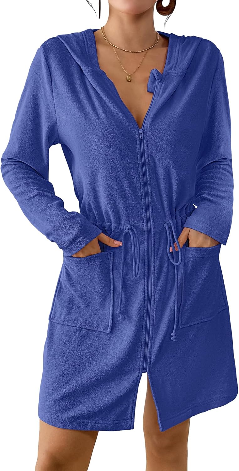 Bsubseach Terry Cloth Cover Up - Women Zip Up Long Sleeve Swimsuit Coverup Hooded Bath Robes with Pockets