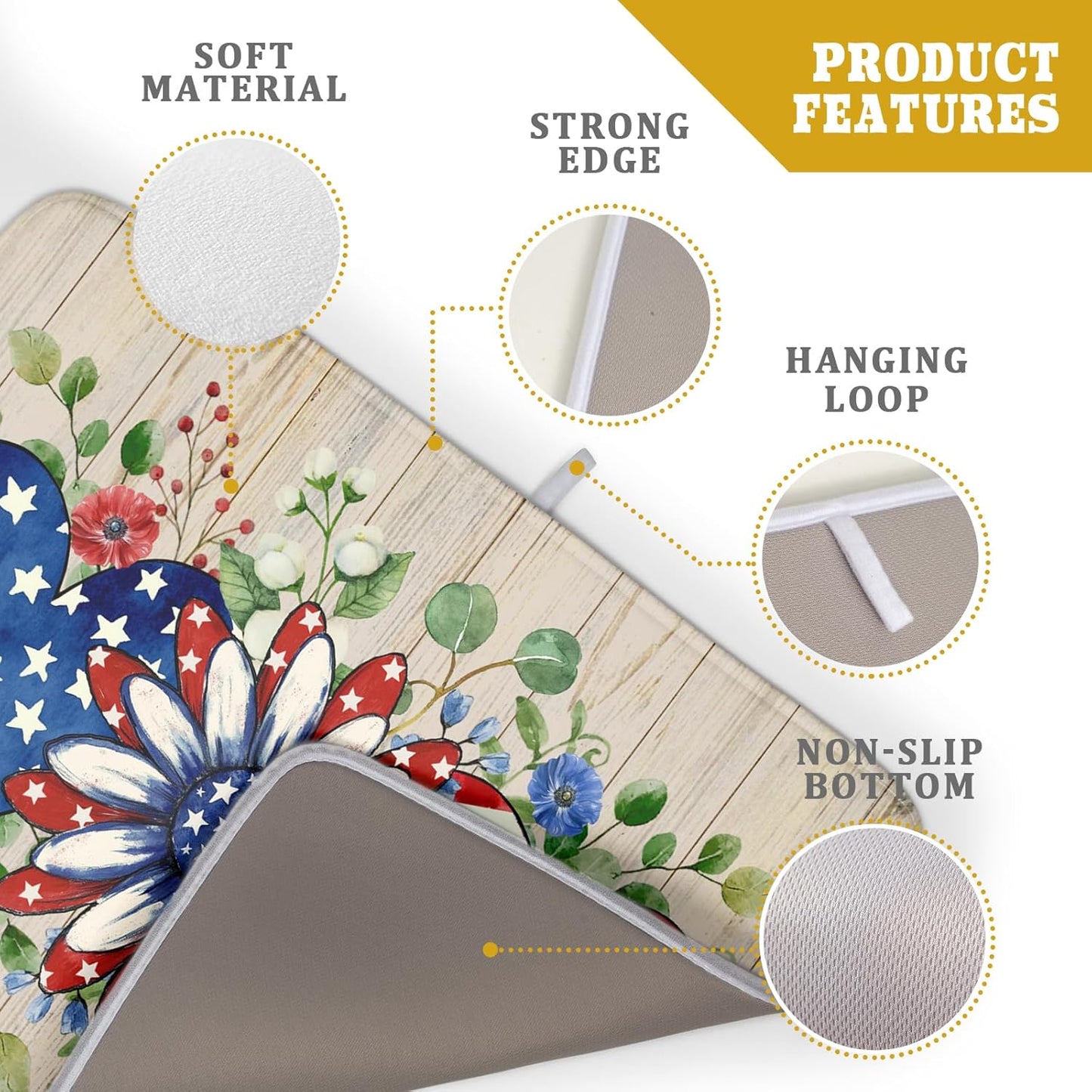 Independence Day Dish Drying Mat 18x24 inch Patriotic Love Heart Fast Dry Microfiber Dishes Drainer Rack Pad Kitchen Counter Accessories