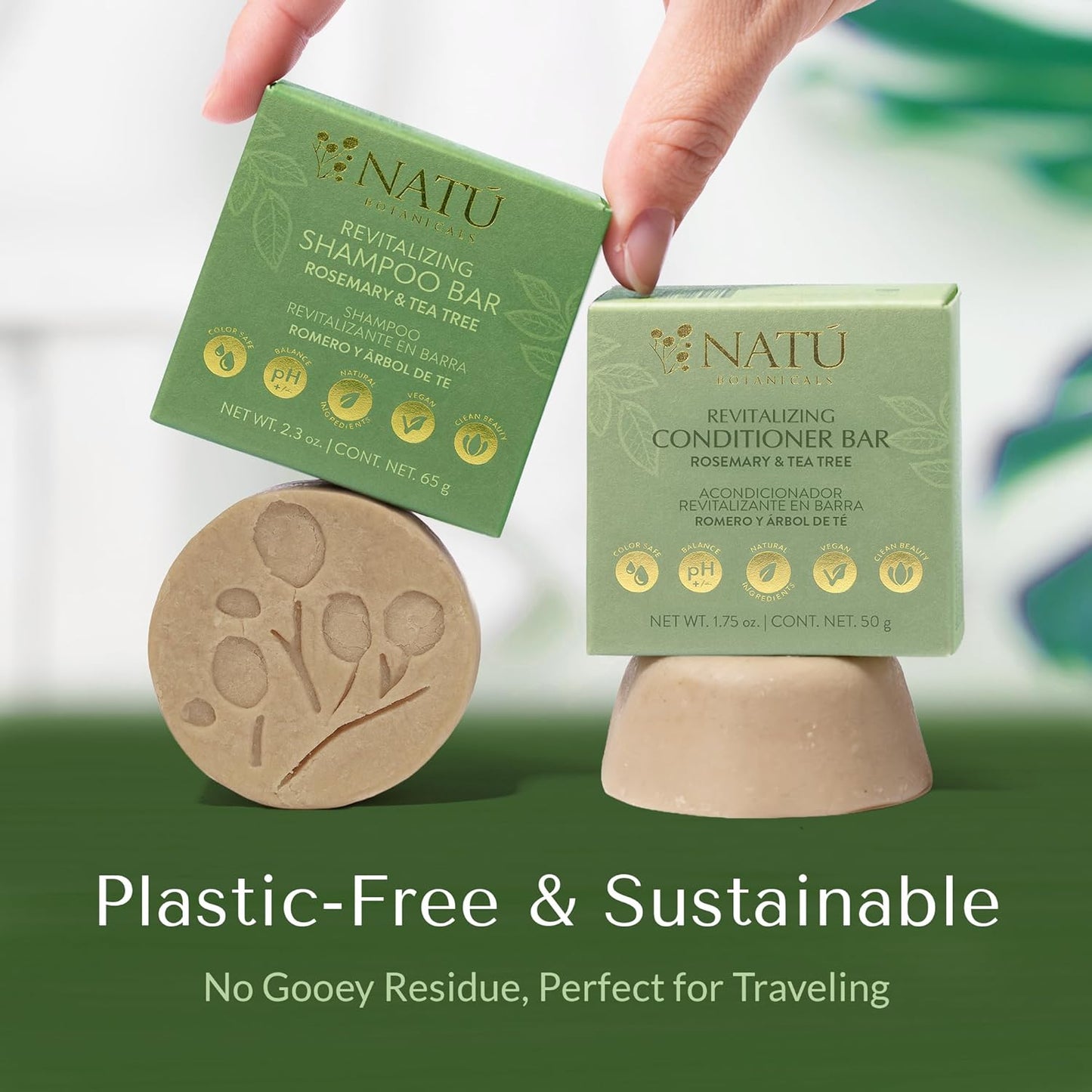 NATÚ BOTANICALS Revitalizing Shampoo Bar – Tea Tree Shampoo with Mint and Rosemary Oil for Hair Growth - Gently Cleanses & Promotes Healthy Hair – Eco-Conscious, Zero-Waste, Sulfate-Paraben-Free 2.3oz