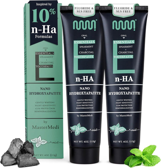 MasterMedi Nano Hydroxyapatite Toothpaste (Inspired by 10% nHA Formulas), Fluoride-Free, Charcoal Whitening, Sensitive Teeth Care, Enamel Support, SLS-Free, Xylitol, Citrus Mint, 4 Oz (Pack of 2)