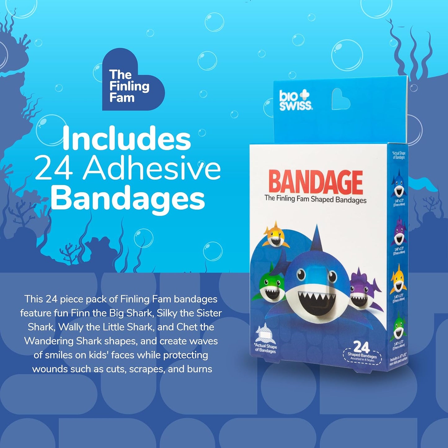 BioSwiss Kids Bandages, Finling Fam Shark Shaped Self Adhesive Bandage Set, Latex Free, Sterile Wound Care, 24 Count