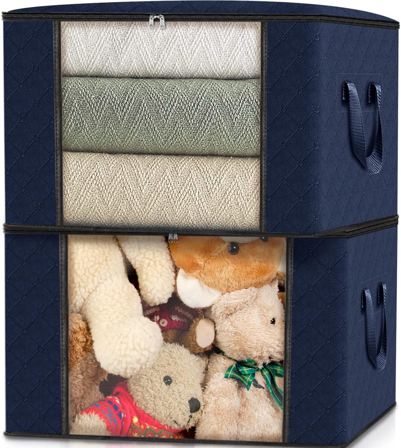 Fab totes 4 Pack Clothes Storage, Foldable Thick Fabric Blanket Storage Bags, Containers for Organizing Bedroom, Closet, Clothing, Comforter,Closet Organization with Handle,Blue