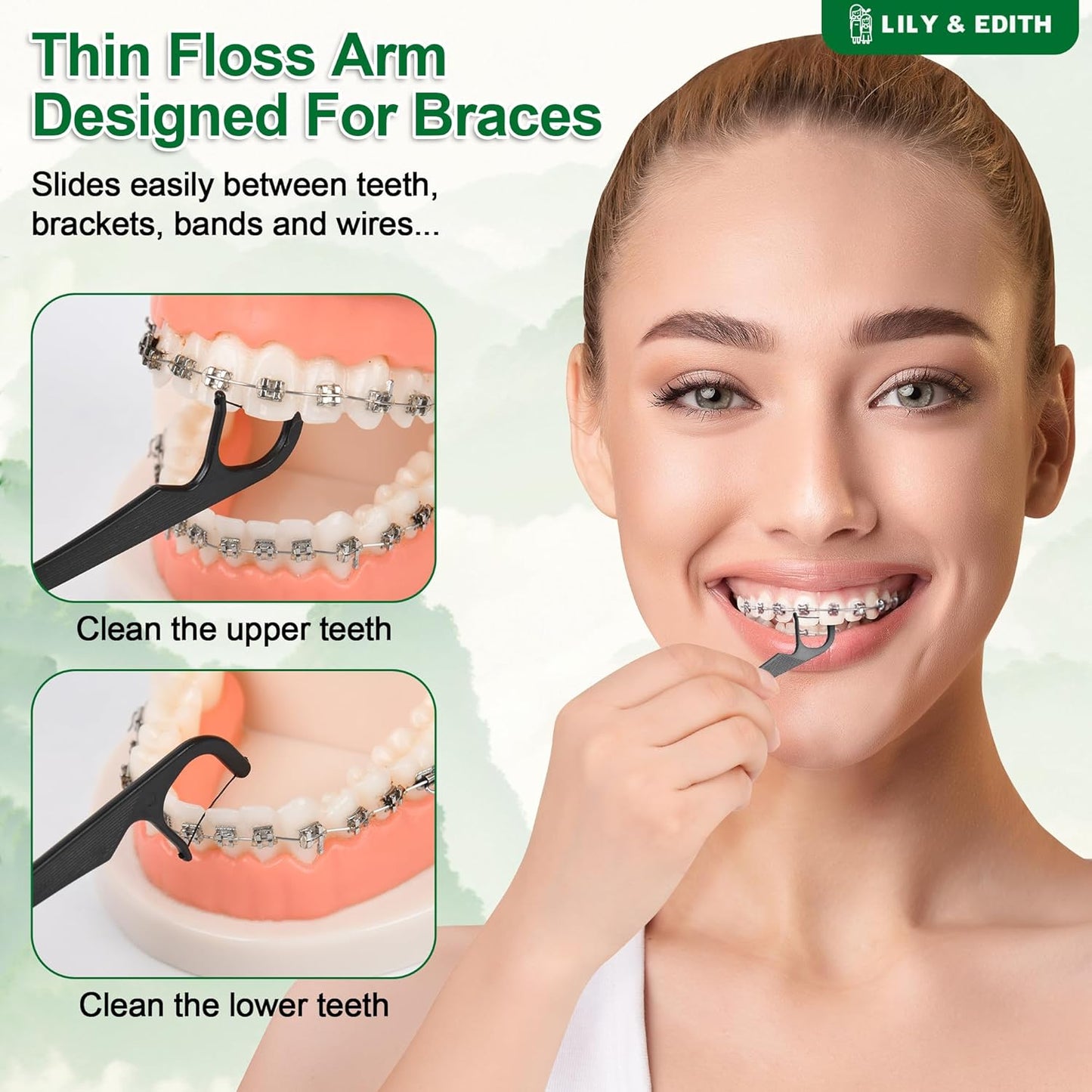 LILY & EDITH Orthodontic Flossers for Braces for Adult & Kid, 240 Count, Ortho Dental Floss Picks, Fluoride & Chemical Free, Fits Under Arch Wire, Bamboo Charcoal Flosser Remove Plaque, Unflavored