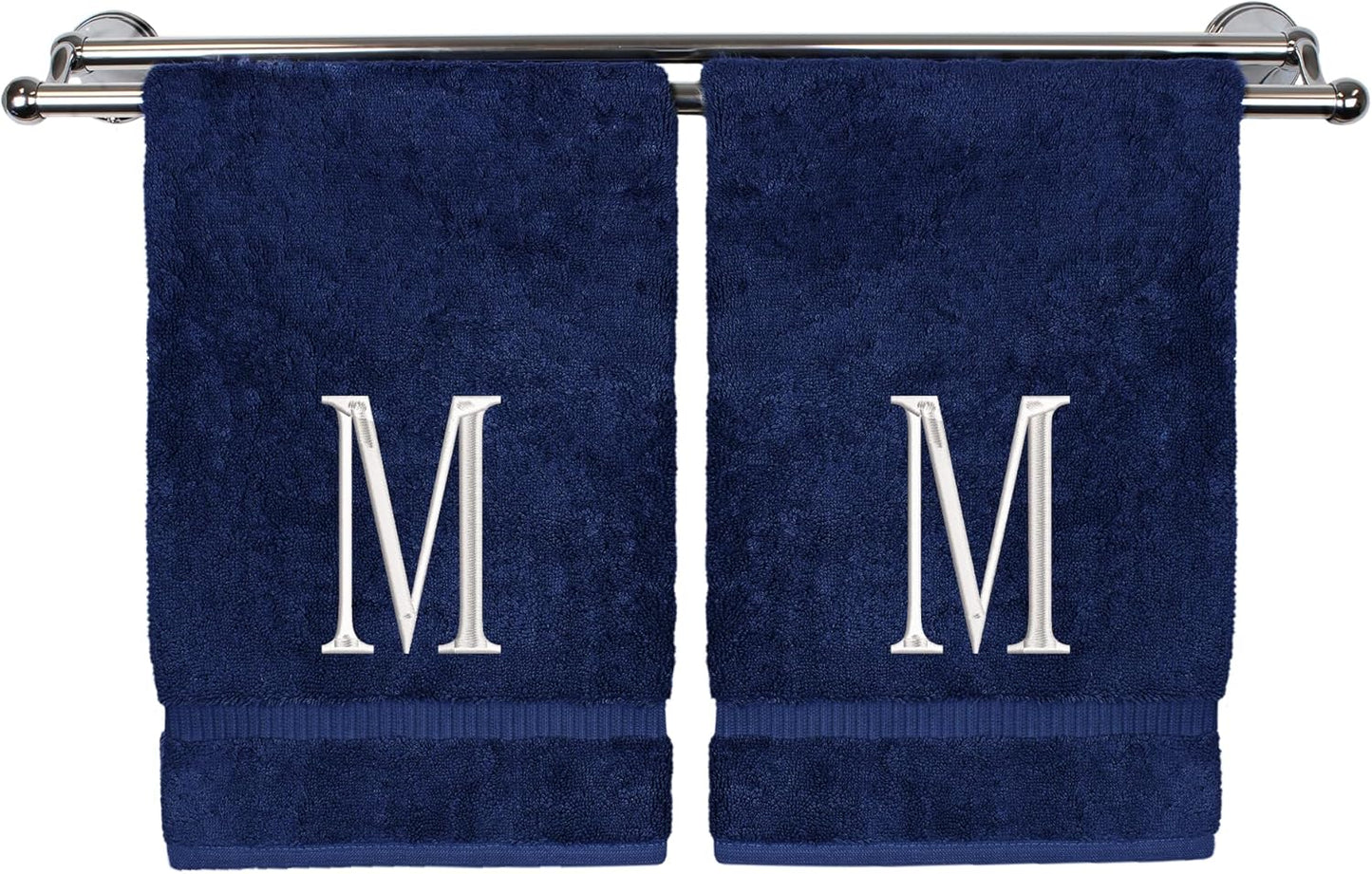 Monogrammed Hand Towel, Personalized Initial Gift, Extra Absorbent 100% Turkish Cotton - Soft Terry Finish - Set of 2 - White Block Initial M - Embroidered on Navy Blue Towels