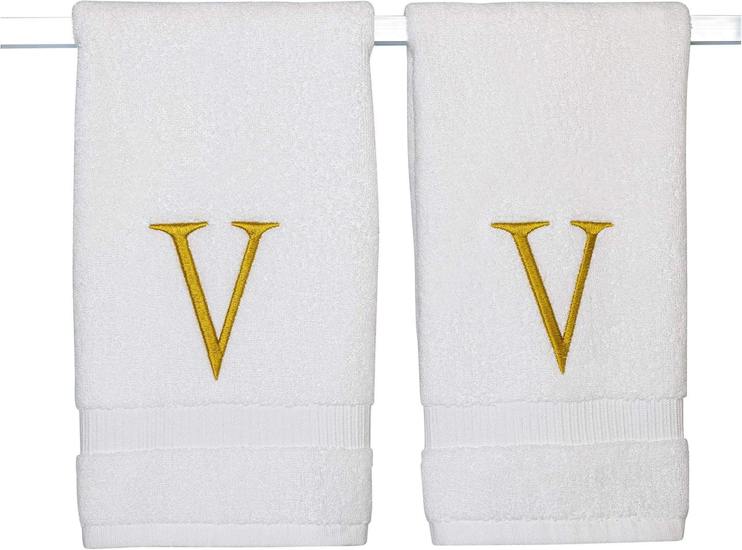 Monogrammed Hand Towels for Bathroom - Luxury Hotel Quality Personalized Initial Decorative Embroidered Bath Towel for Powder Room, Spa - GOTS Organic Certified - Set of 2 Gold Letter V