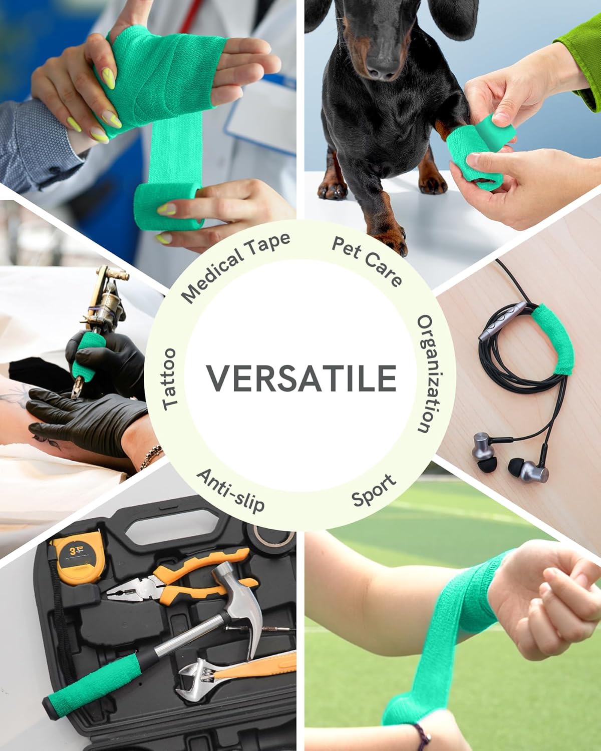 FriCARE Self Adhesive Bandage Wrap, Medical Tape in First Aid Kit, Cohesive Bandages for Wounds Sport Vet, 2 Inches X 5 Yards 6 Rolls, Teal