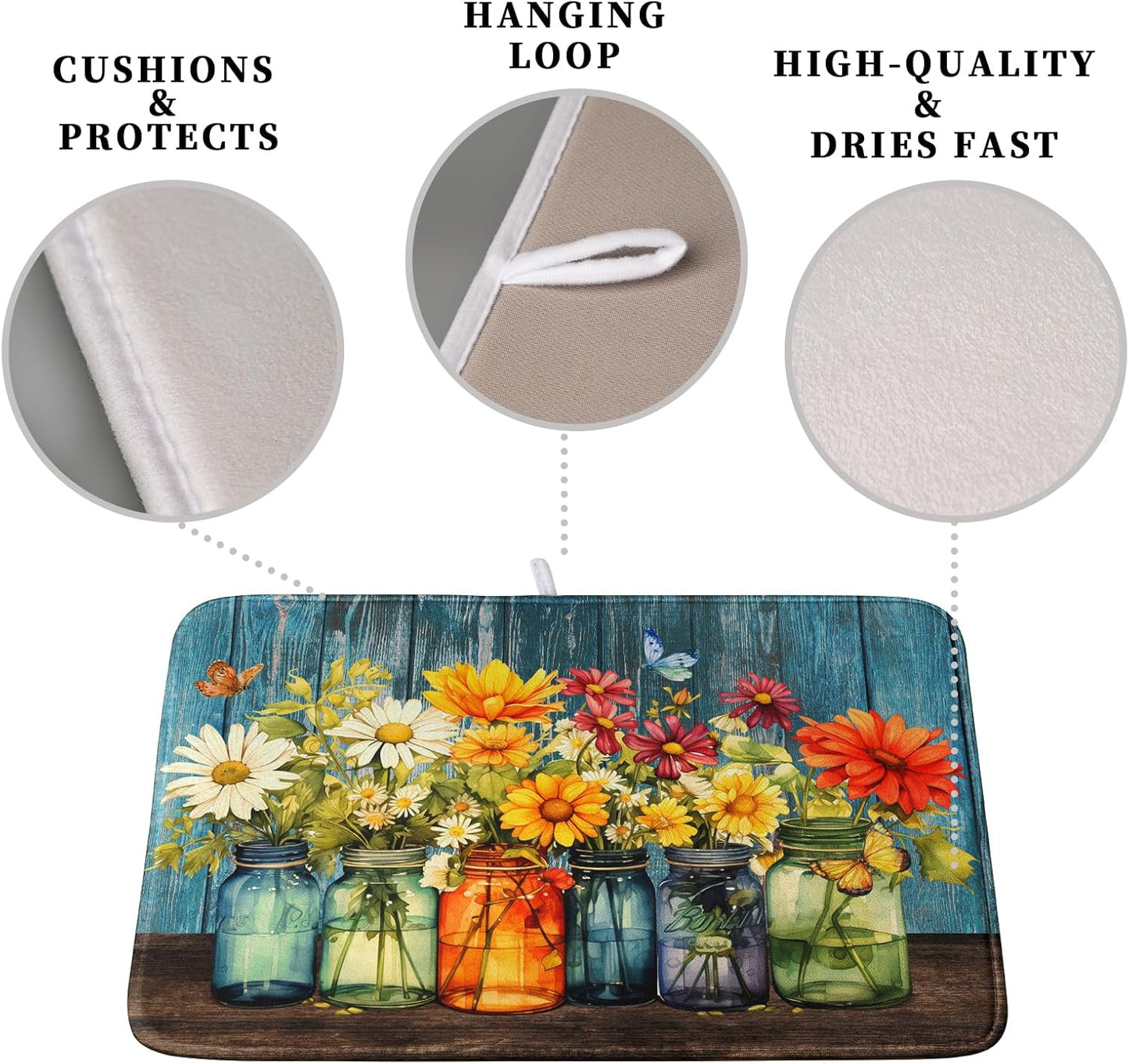 Daisy Dish Drying Mat for Kitchen Counter 18x24 Inch Rustic Vintage Flower Vases Drying Mats Microfiber Absorbent Dishes Drainer Mats Farmhouse Floral Wooden Board Dish Rack Pad