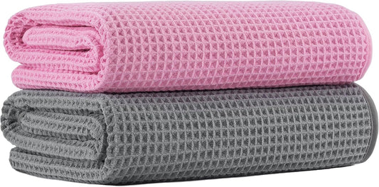 New Microfiber Waffle Bath Towels, 2 Pieces, Oversized, Soft, Absorbent, Fast Drying, Lint Free (Gray+Pink)