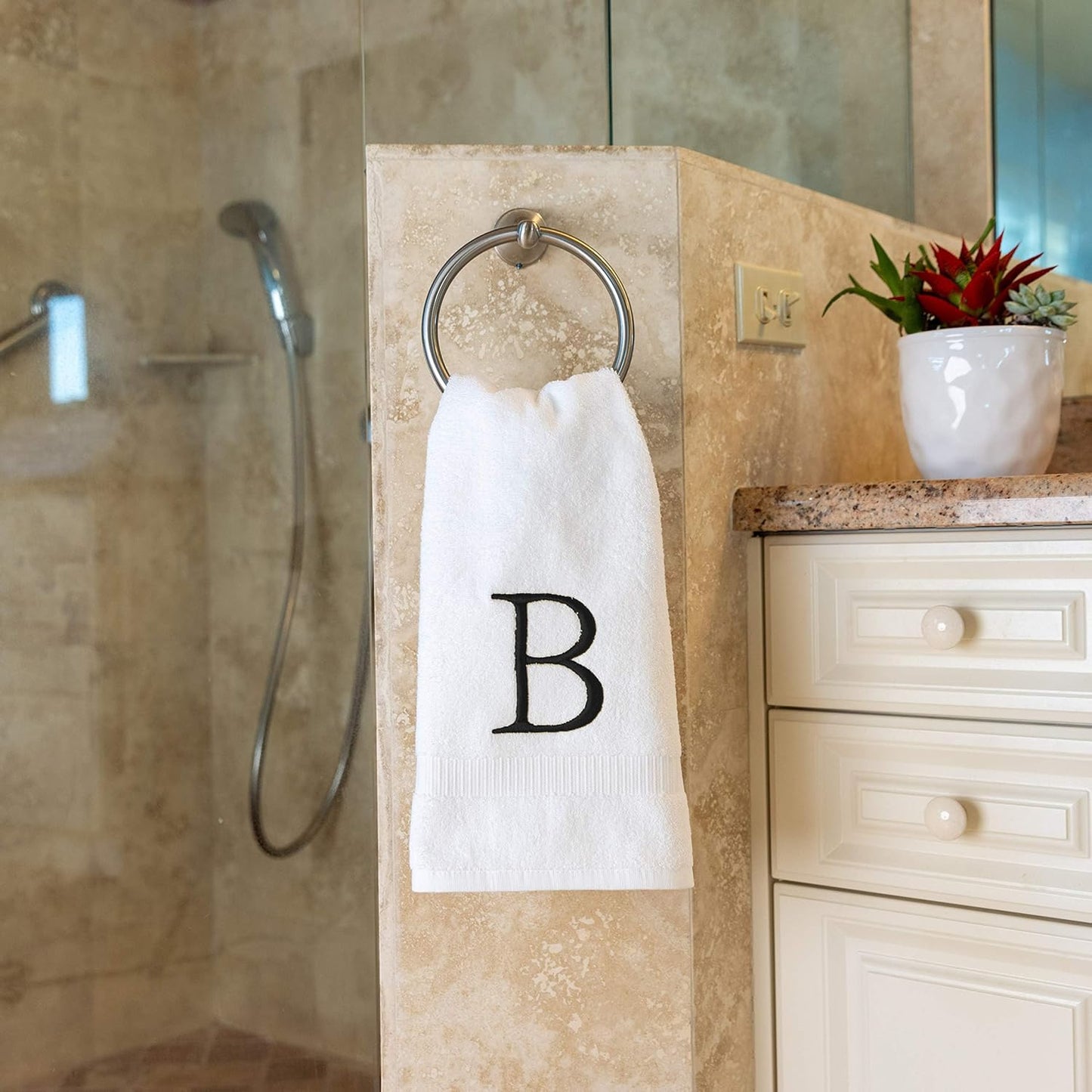 Black & White Bathroom Hand Towel - Monogrammed Luxury Hotel Quality Decorative Embroidered Towel for Powder Room, Spa - GOTS Organic Certified - Set of 2 Letter B