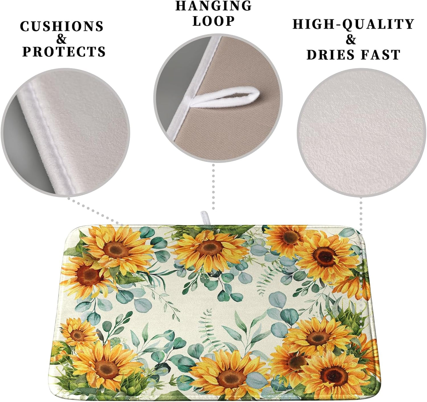 Sunflowers Dish Drying Mat for Kitchen Counter Yellow Flower Green Leaves Dish Draining Mats Spring Summer Floral Dishes Pad Microfiber Absorbent Dish Drainer Rack Mat Extra Large 18x24 Inch
