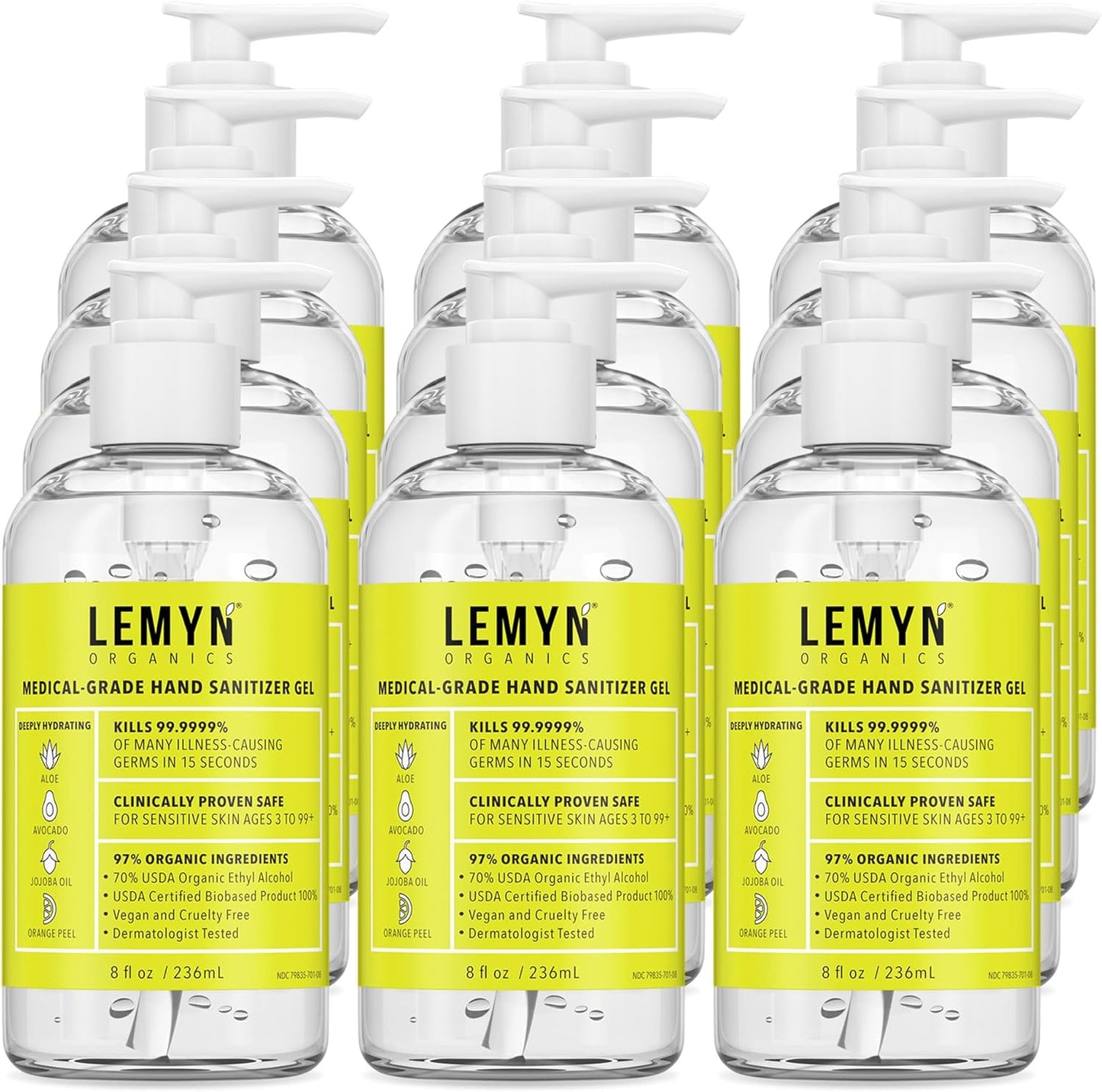 Medical Grade Hand Sanitizer Gel - 97% ORGANIC - 8 FL.OZ. with PUMP (PACK OF 12)